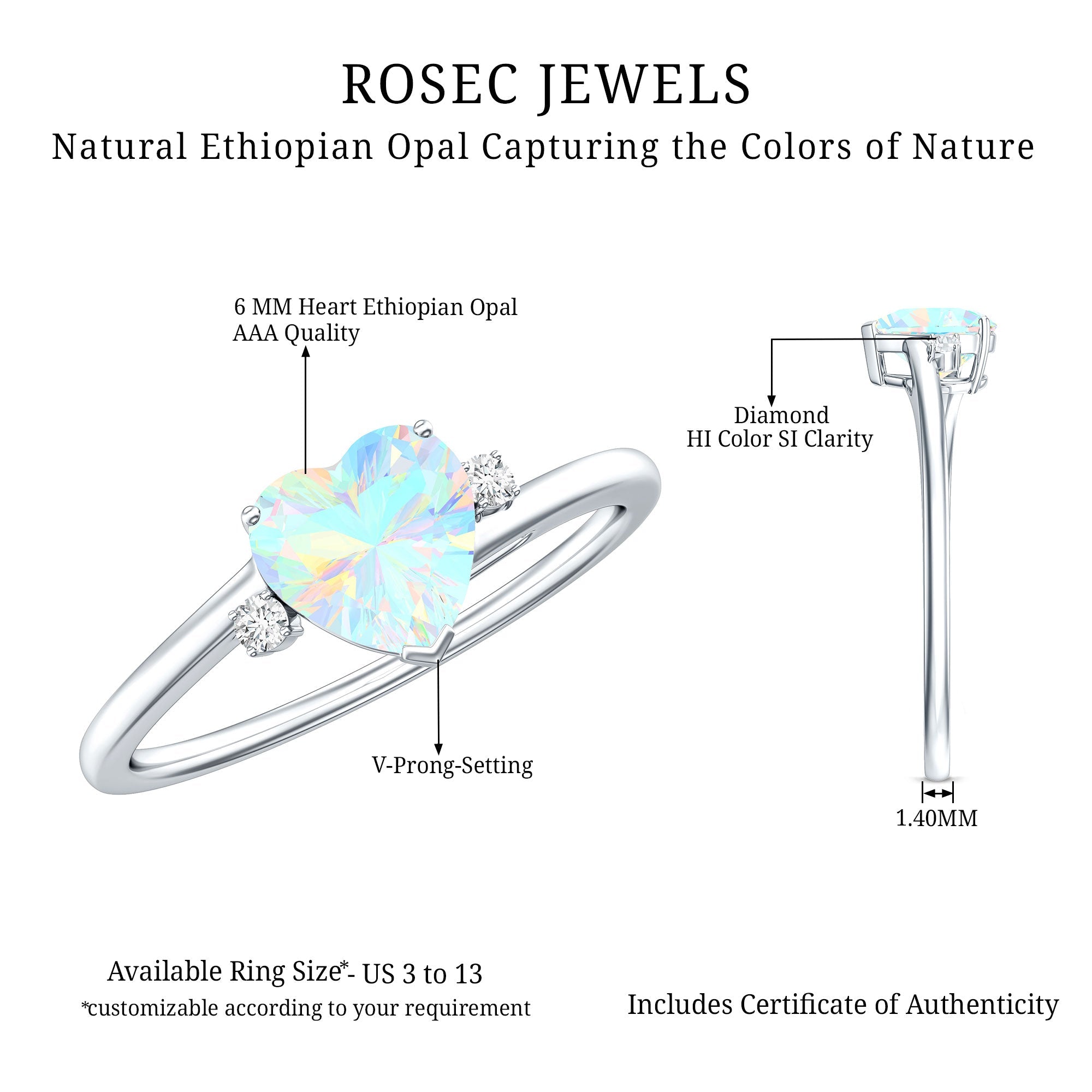 Genuine 6mm Ethiopian Opal Diamond Heart Shaped Promise Ring with Bypass Shank