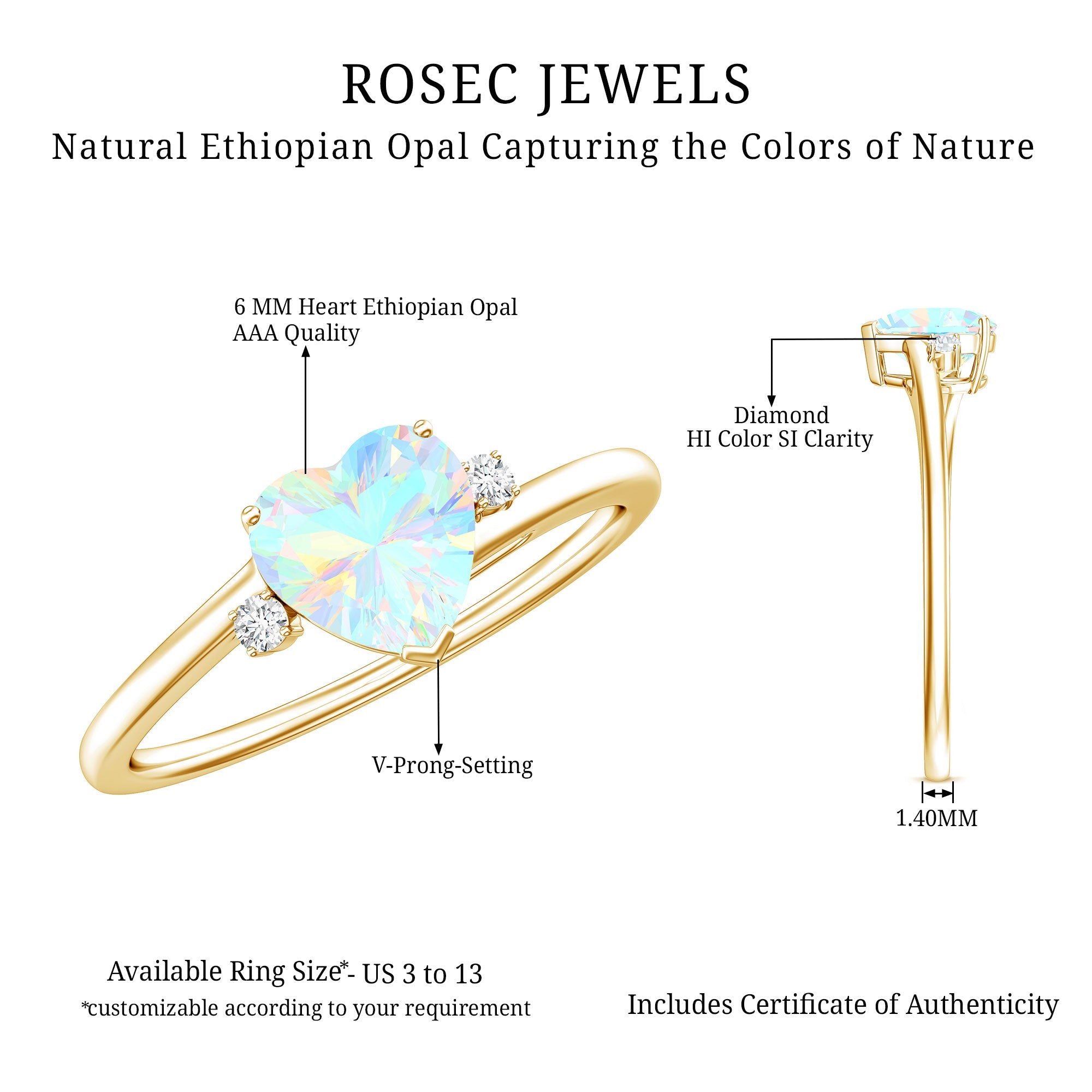 Genuine 6mm Ethiopian Opal Diamond Heart Shaped Promise Ring with Bypass Shank