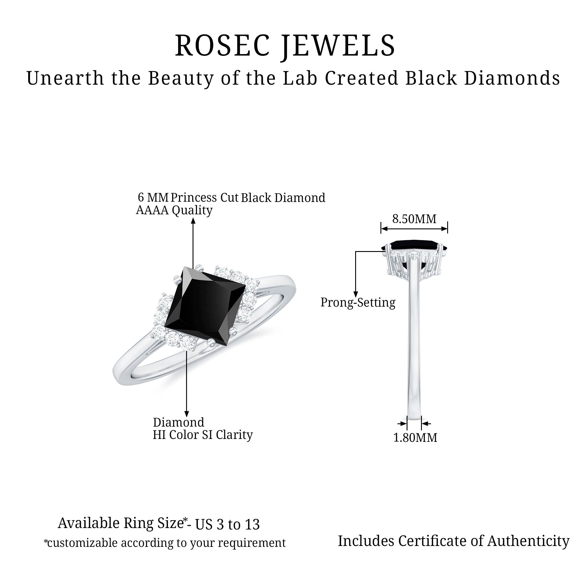 1 Carat Lab Grown Black and White Diamond Princess Cut Engagement Ring