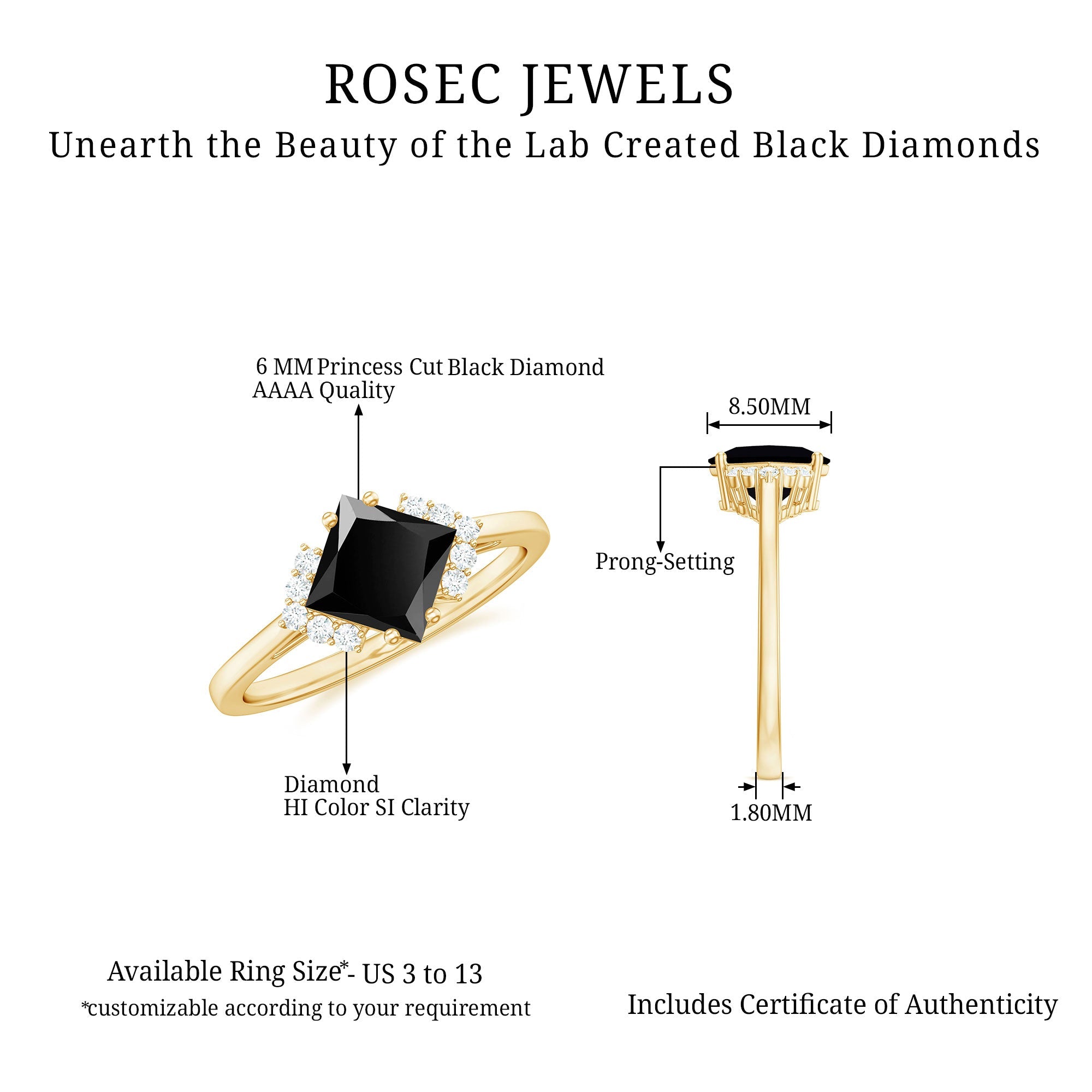 1 Carat Lab Grown Black and White Diamond Princess Cut Engagement Ring