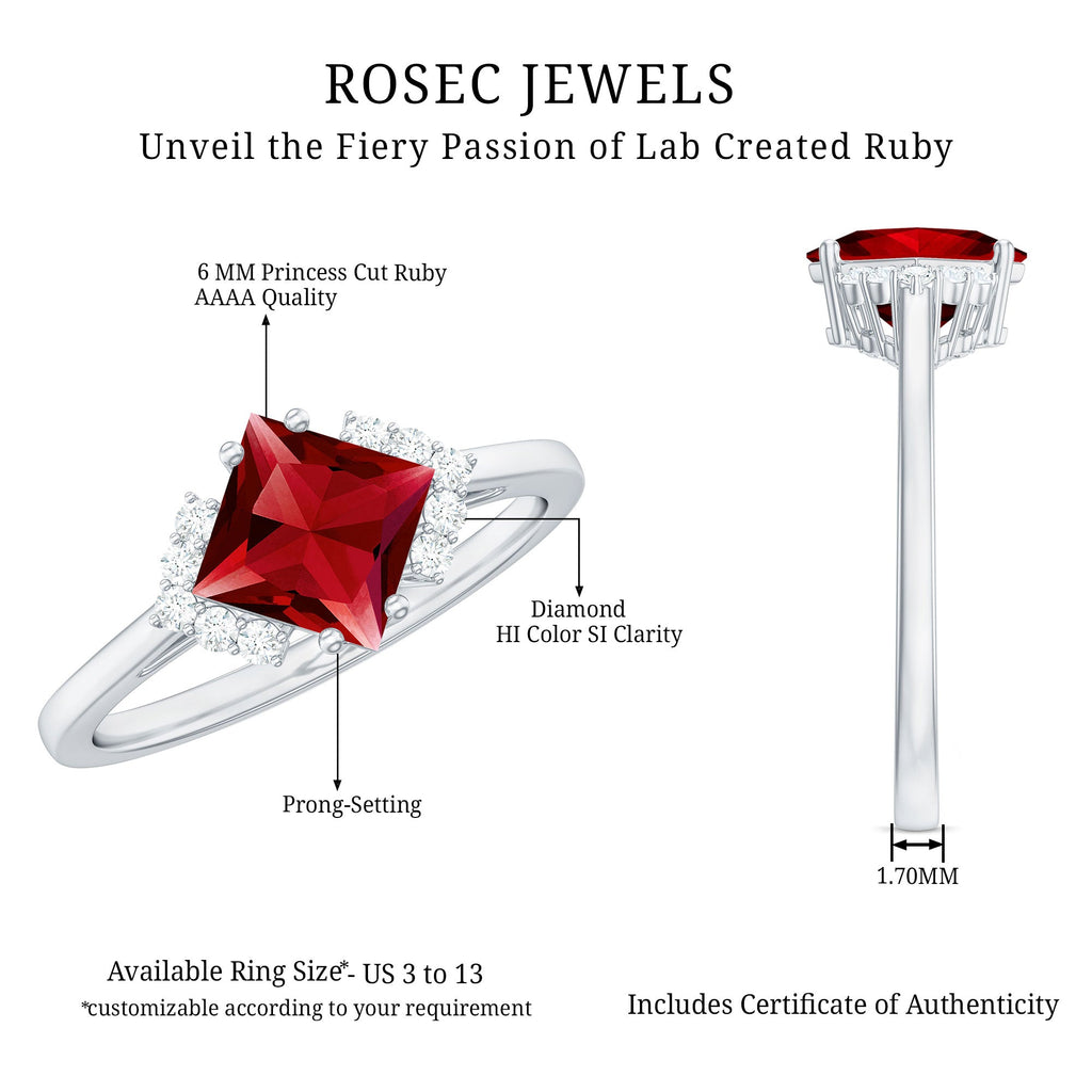 1.5 Carat Princess Cut Lab Grown Ruby Engagement Ring with Diamond
