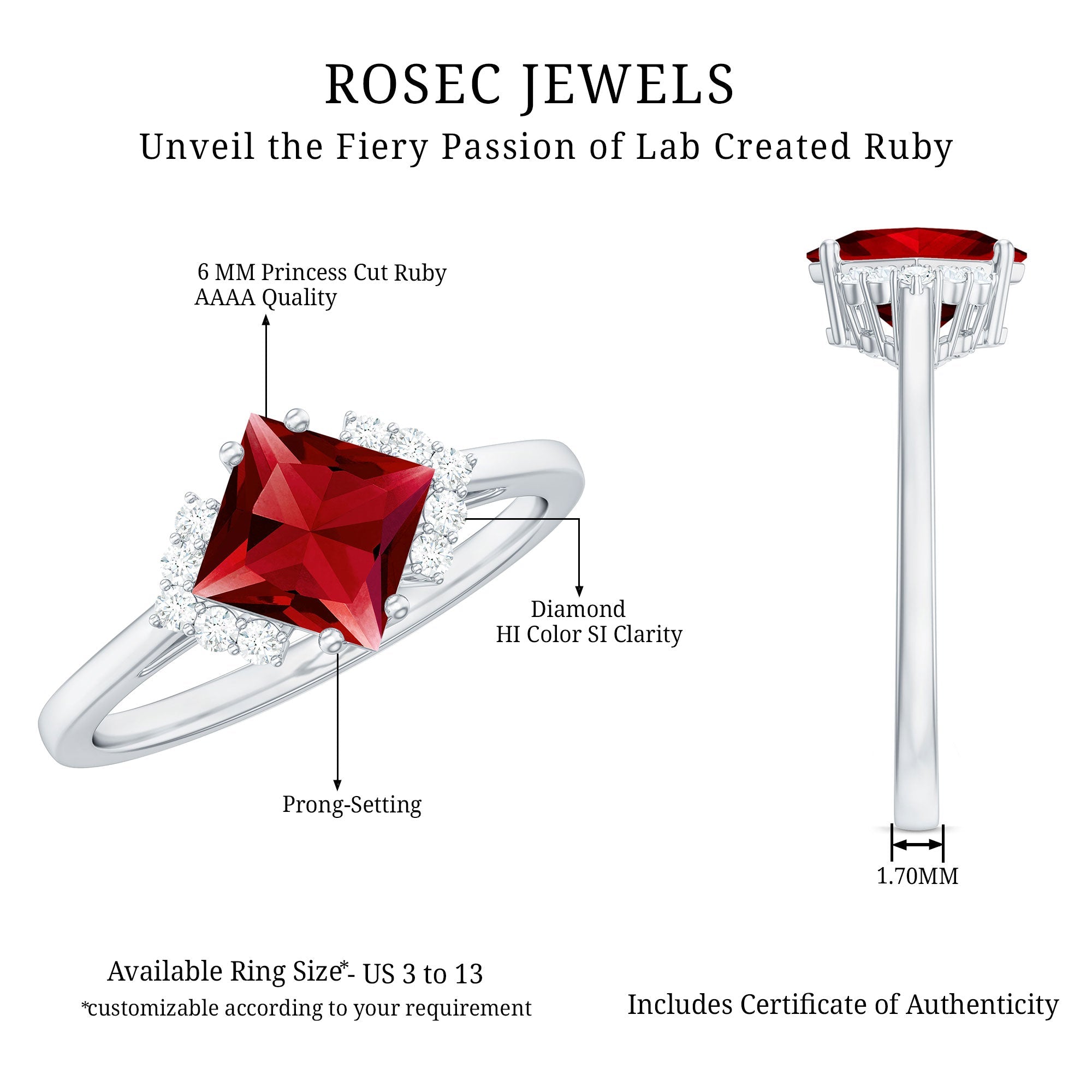 1.5 Carat Princess Cut Lab Grown Ruby Engagement Ring with Diamond