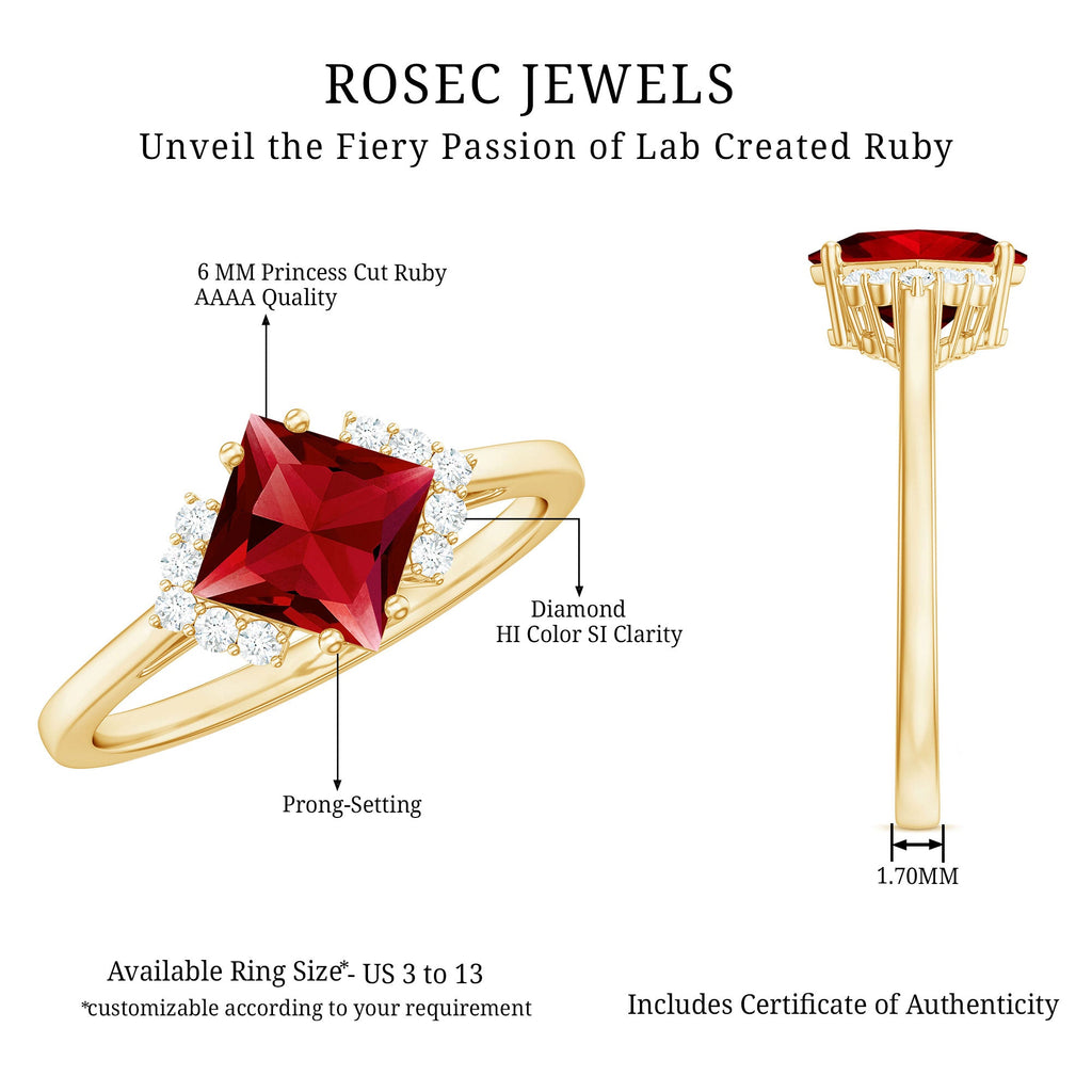 1.5 Carat Princess Cut Lab Grown Ruby Engagement Ring with Diamond