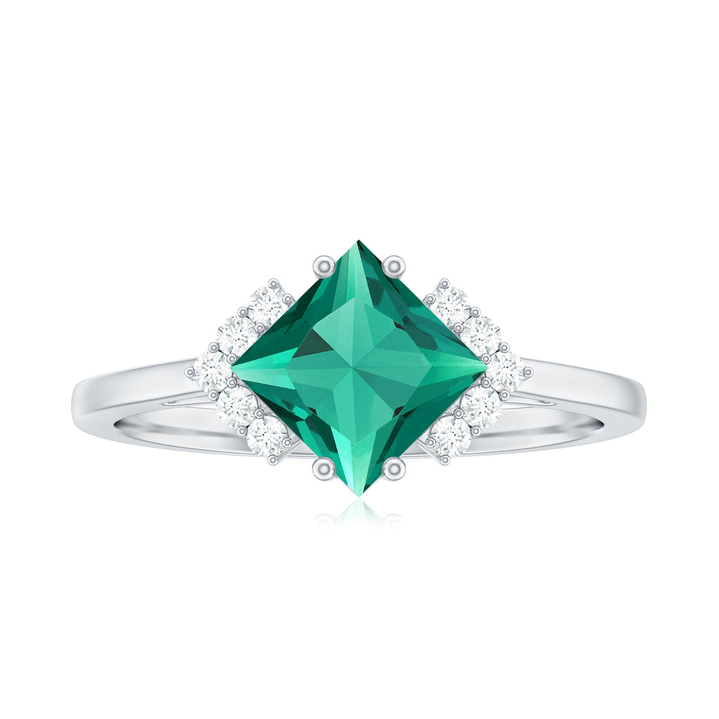 Certified 8 mm Lab Grown Emerald Princess Cut Engagement Ring with Diamond
