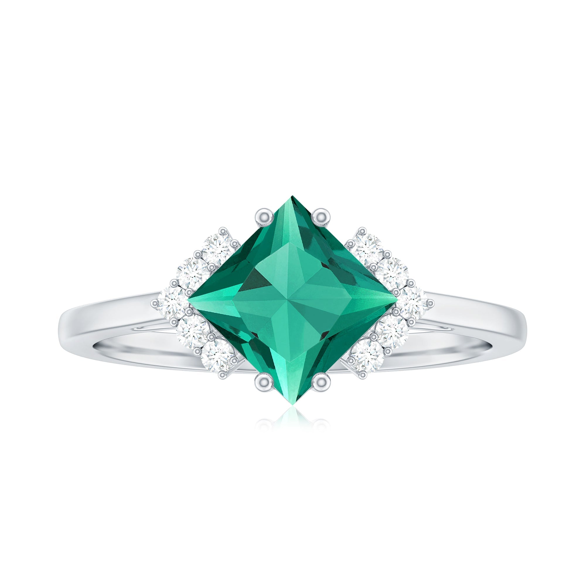 Certified 8 mm Lab Grown Emerald Princess Cut Engagement Ring with Diamond
