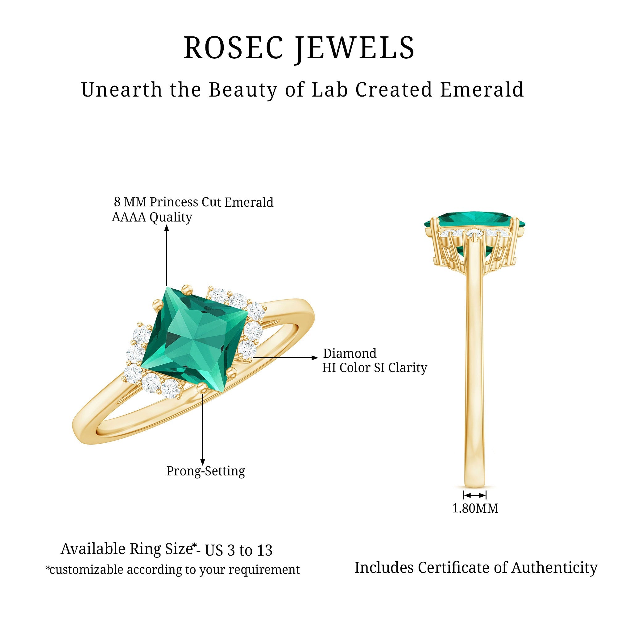 Certified 8 mm Lab Grown Emerald Princess Cut Engagement Ring with Diamond