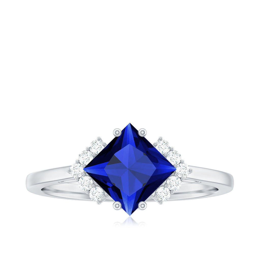 Certified 1.5 Carat Princess Cut Lab Grown Blue Sapphire Engagement Ring with Diamond