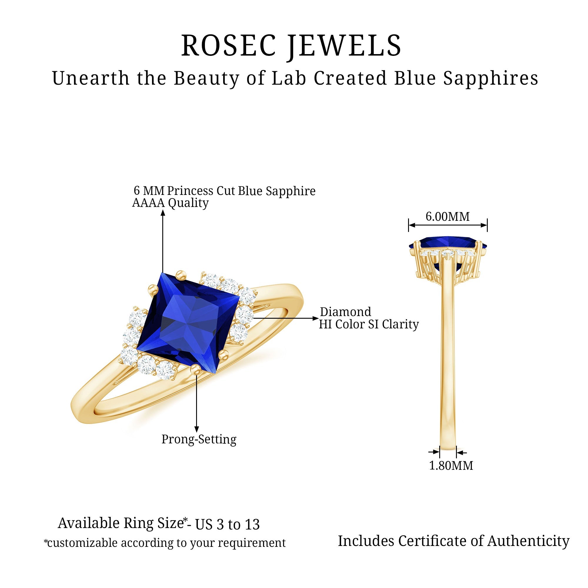 Certified 1.5 Carat Princess Cut Lab Grown Blue Sapphire Engagement Ring with Diamond