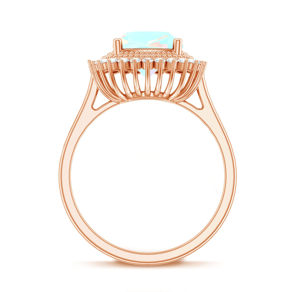 Natural 8mm Cushion Cut Opalescent Vintage Looking Engagement Ring with Diamond Halo