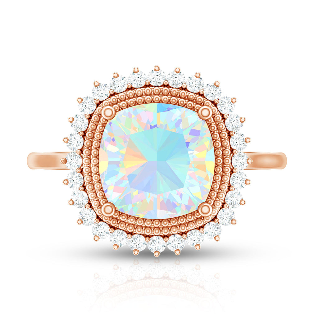 Natural 8mm Cushion Cut Opalescent Vintage Looking Engagement Ring with Diamond Halo
