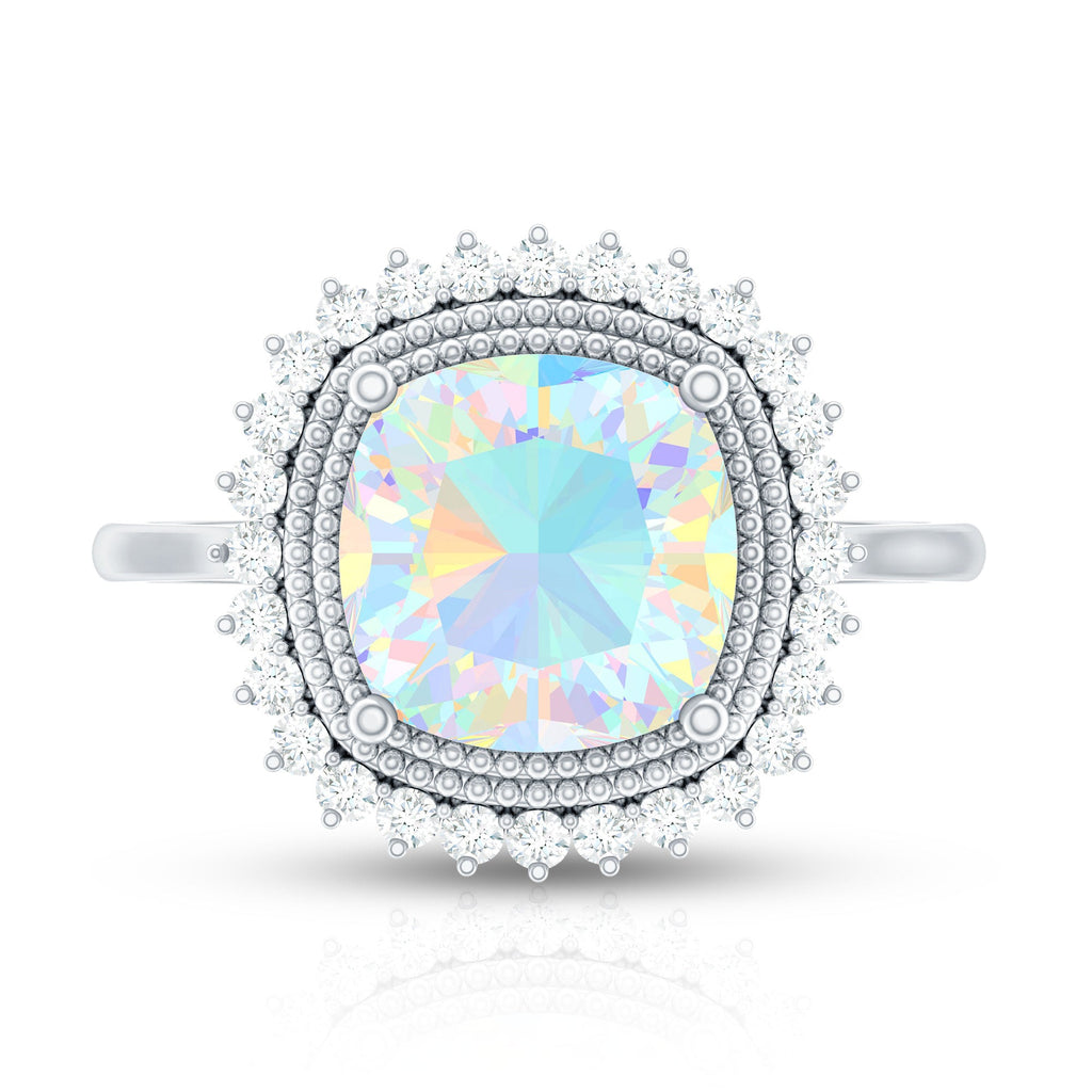 Natural 8mm Cushion Cut Opalescent Vintage Looking Engagement Ring with Diamond Halo