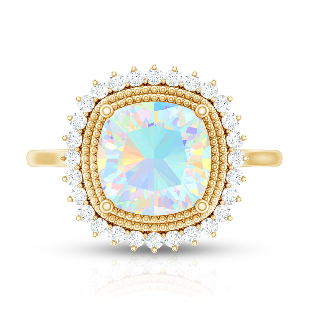 Natural 8mm Cushion Cut Opalescent Vintage Looking Engagement Ring with Diamond Halo