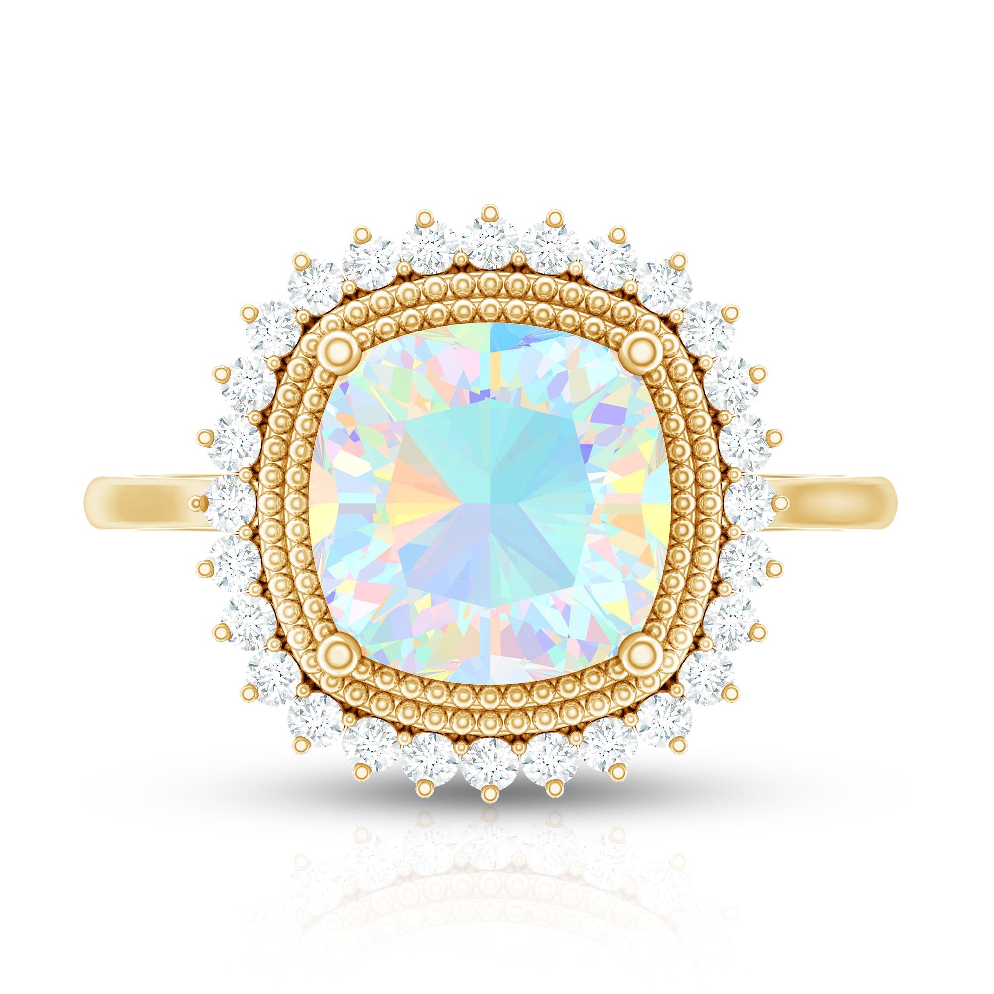 Natural 8mm Cushion Cut Opalescent Vintage Looking Engagement Ring with Diamond Halo
