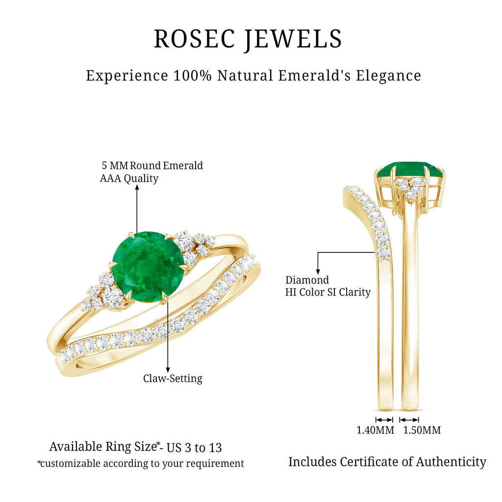 Natural Emerald Diamond Wedding Bridal Ring Set of 2