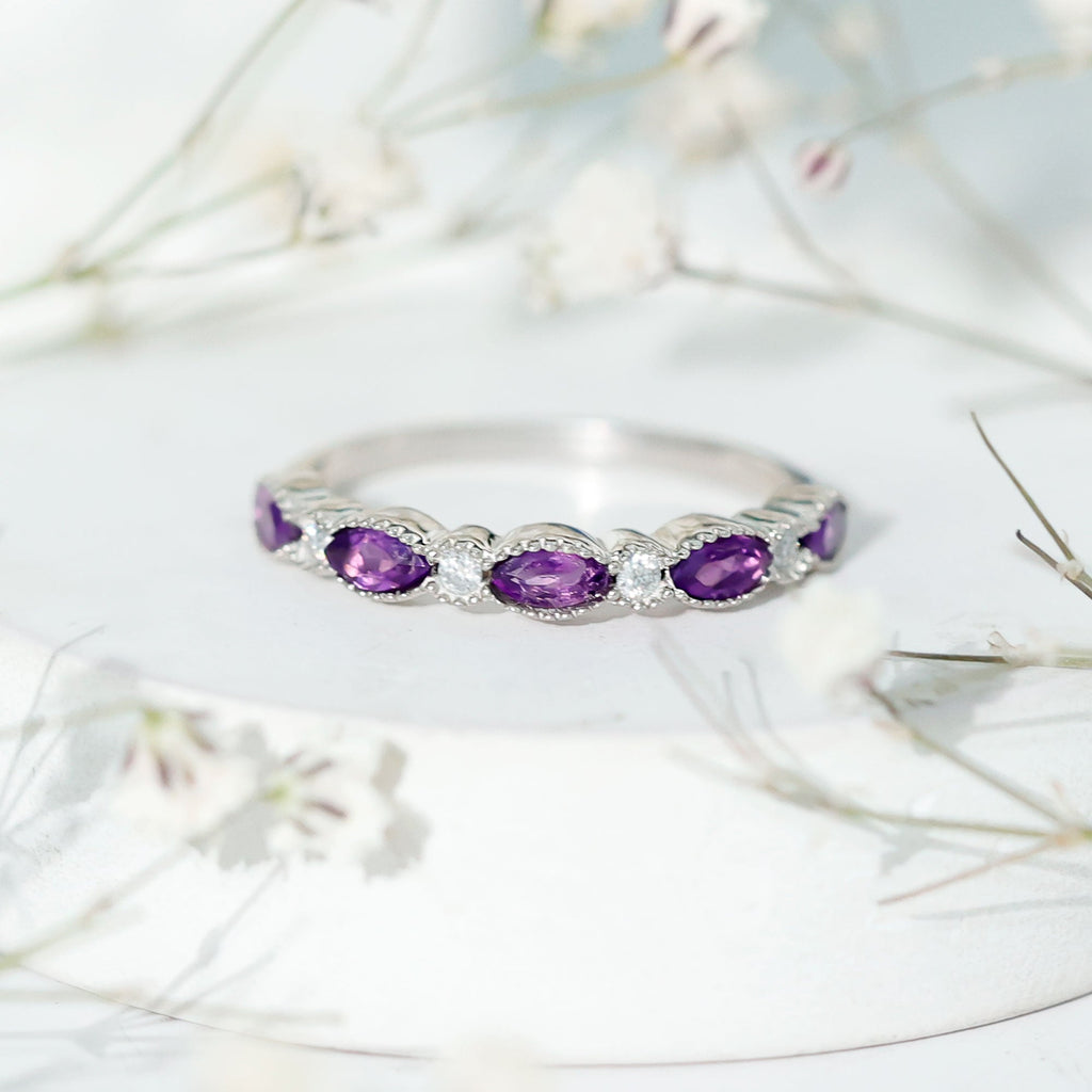 Real Marquise Cut Amethyst Eternity Anniversary Ring in Silver