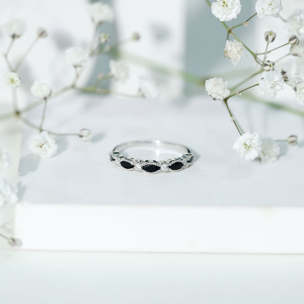 Certified Black Onyx Half Eternity Ring with Moissanite