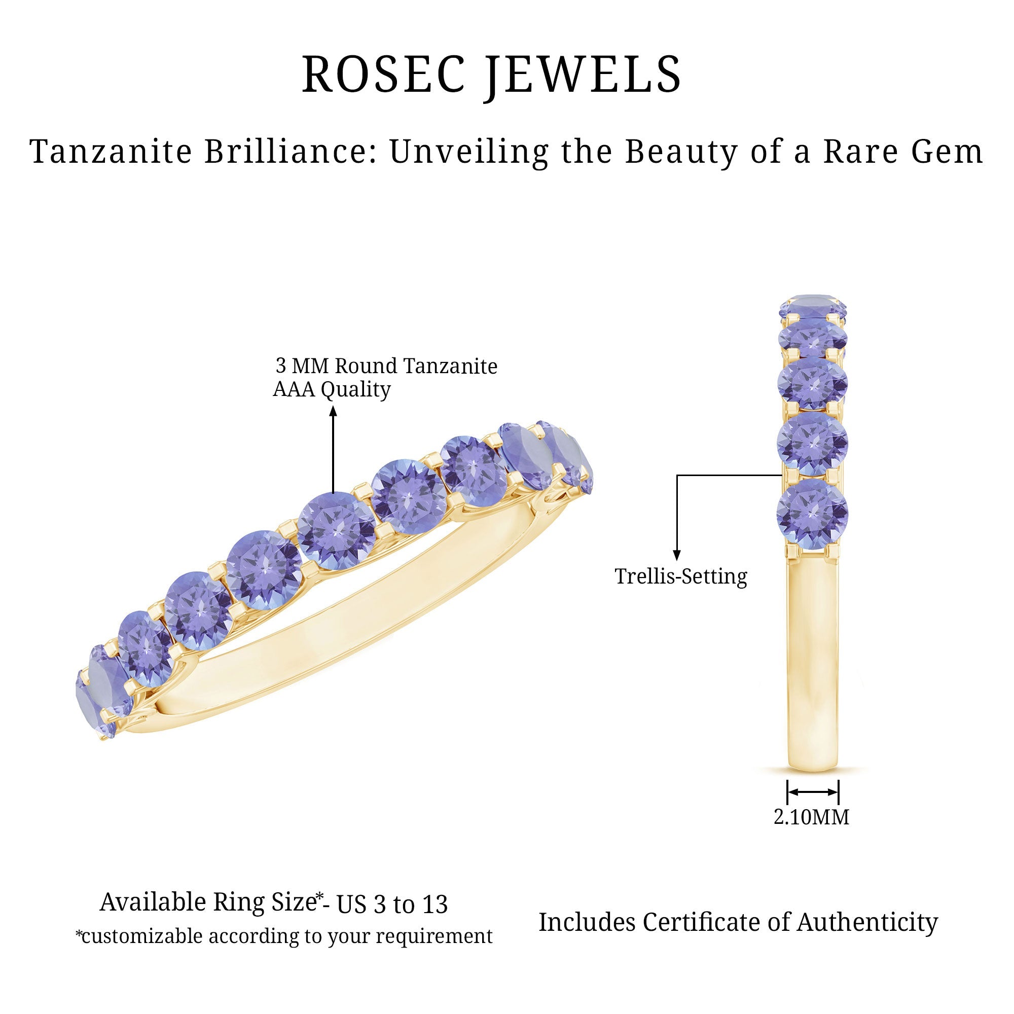Trellis Set Round Tanzanite Half Eternity Band Ring