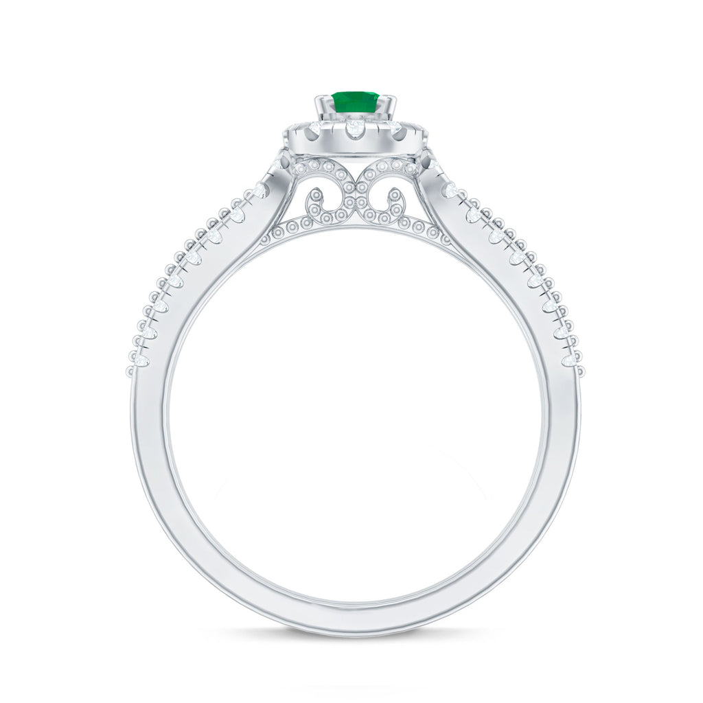Natural Emerald Vintage Looking Engagement Ring with Diamond