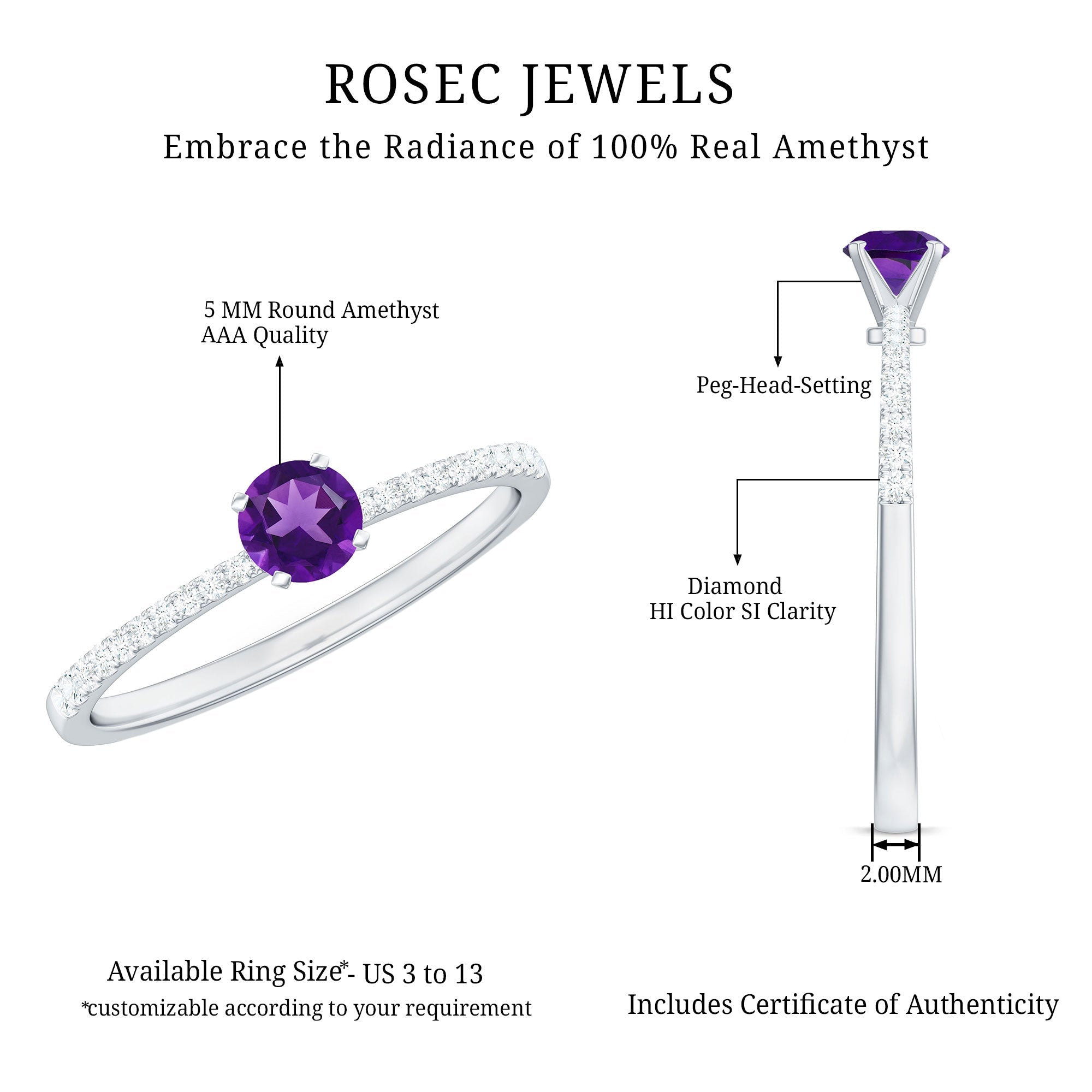 Real Amethyst Promise Ring with Diamond for Women