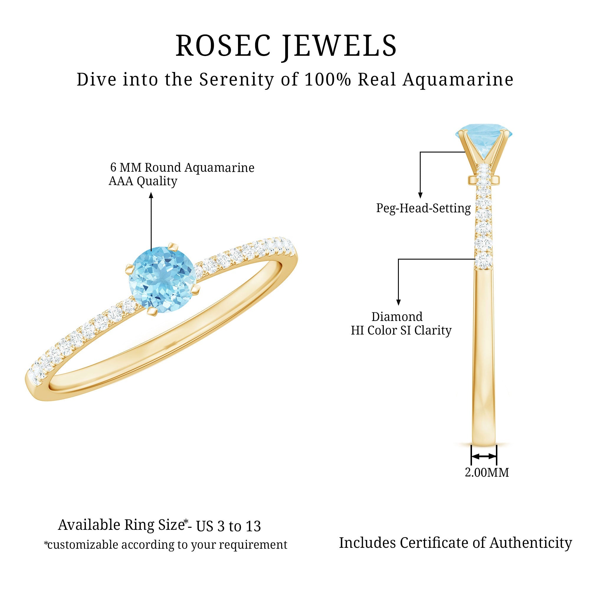 Natural Aquamarine Promise Ring with Diamond Side Stones
