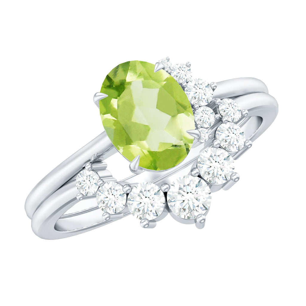 Real 1 Carat Oval Peridot Engagement Ring with Diamond Wedding Band