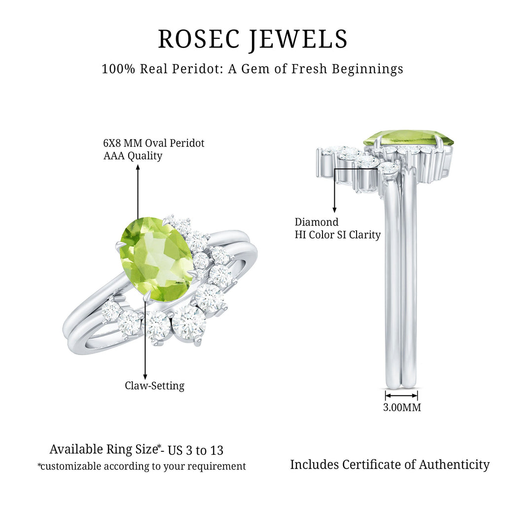 Real 1 Carat Oval Peridot Engagement Ring with Diamond Wedding Band