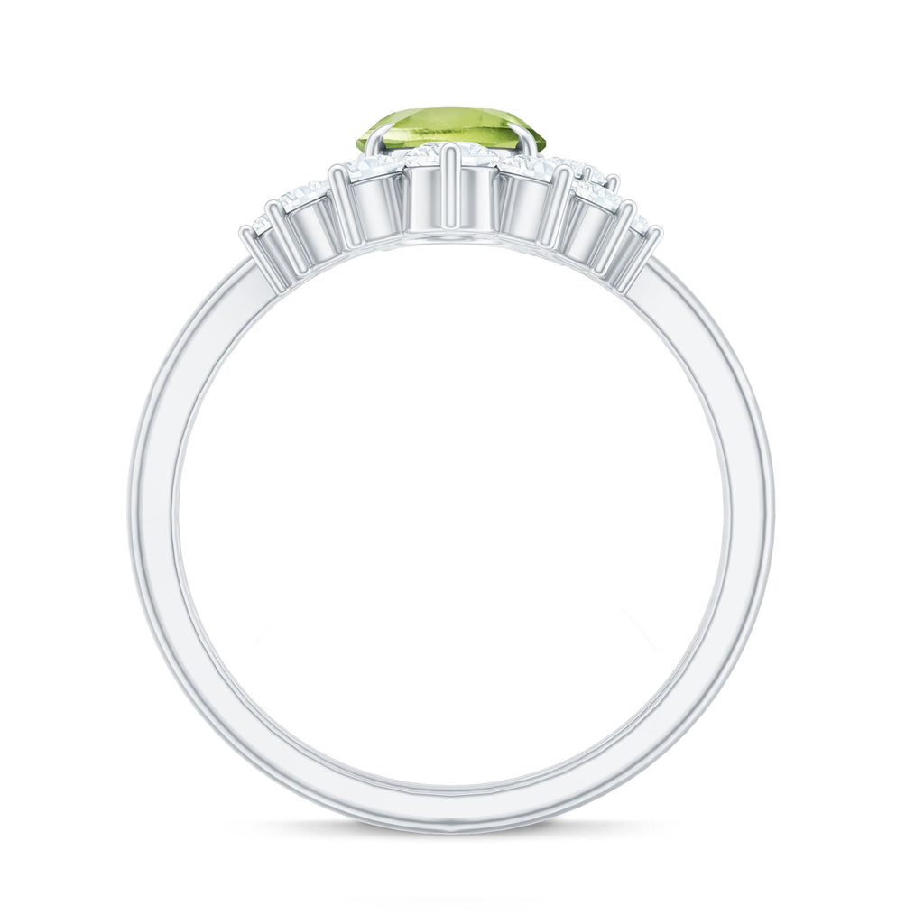 Real 1 Carat Oval Peridot Engagement Ring with Diamond Wedding Band