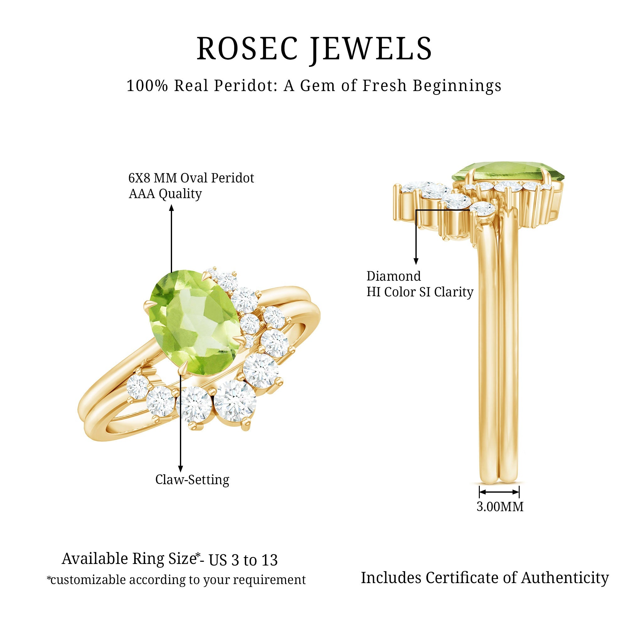Real 1 Carat Oval Peridot Engagement Ring with Diamond Wedding Band