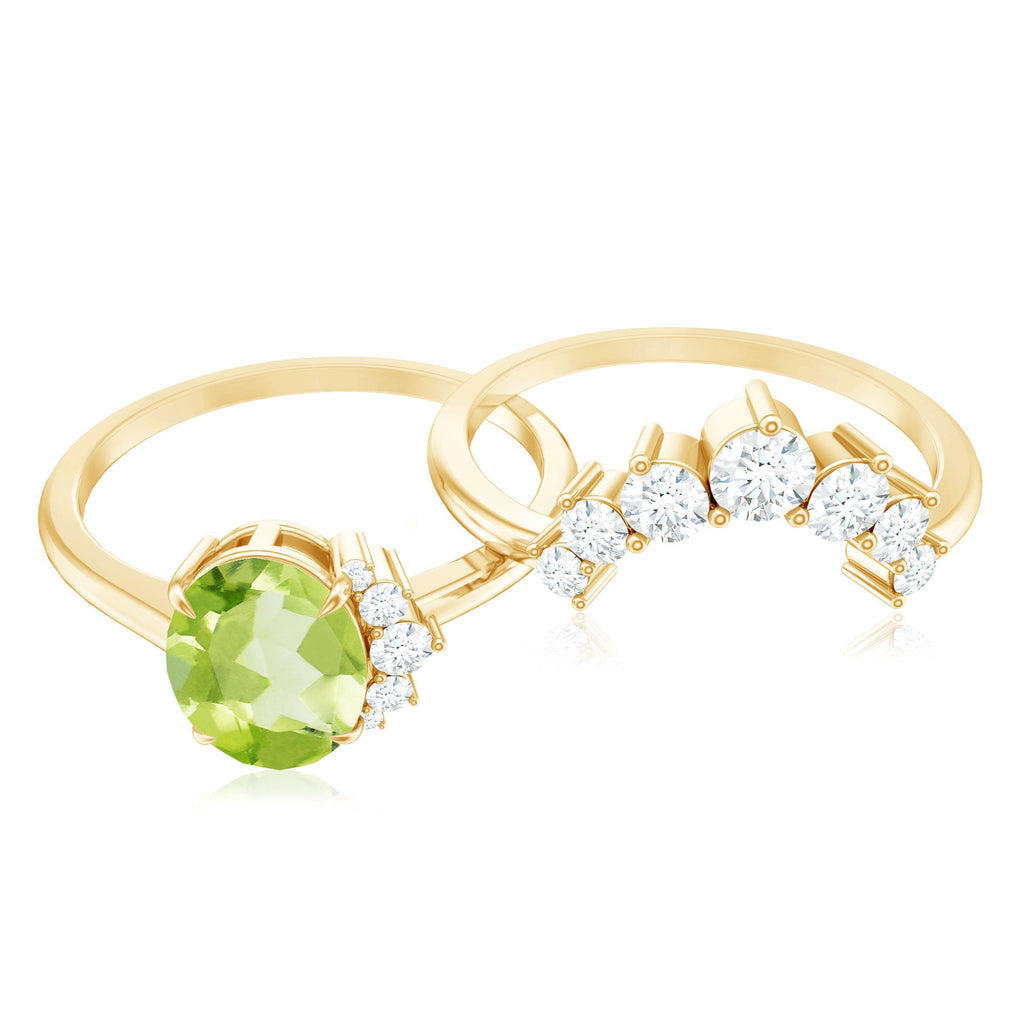 Real 1 Carat Oval Peridot Engagement Ring with Diamond Wedding Band