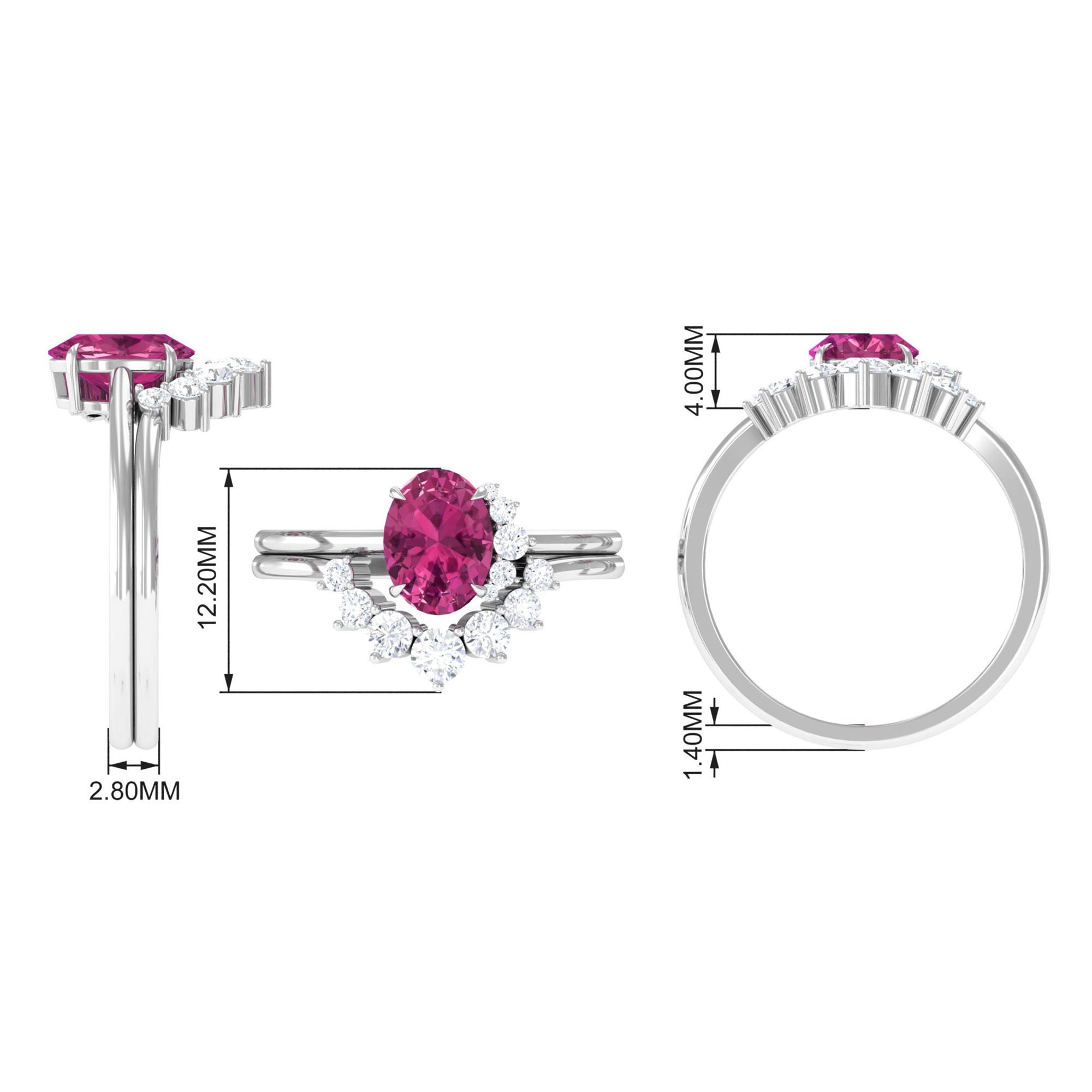1 Carat Oval Pink Tourmaline and Diamond Wedding Ring Set