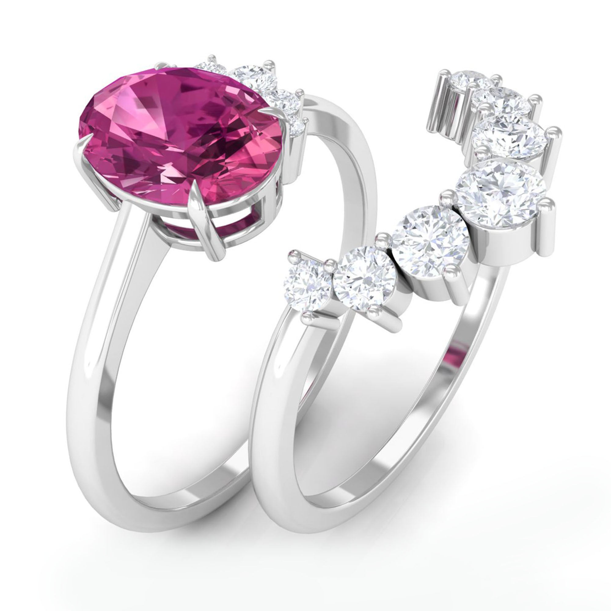 1 Carat Oval Pink Tourmaline and Diamond Wedding Ring Set