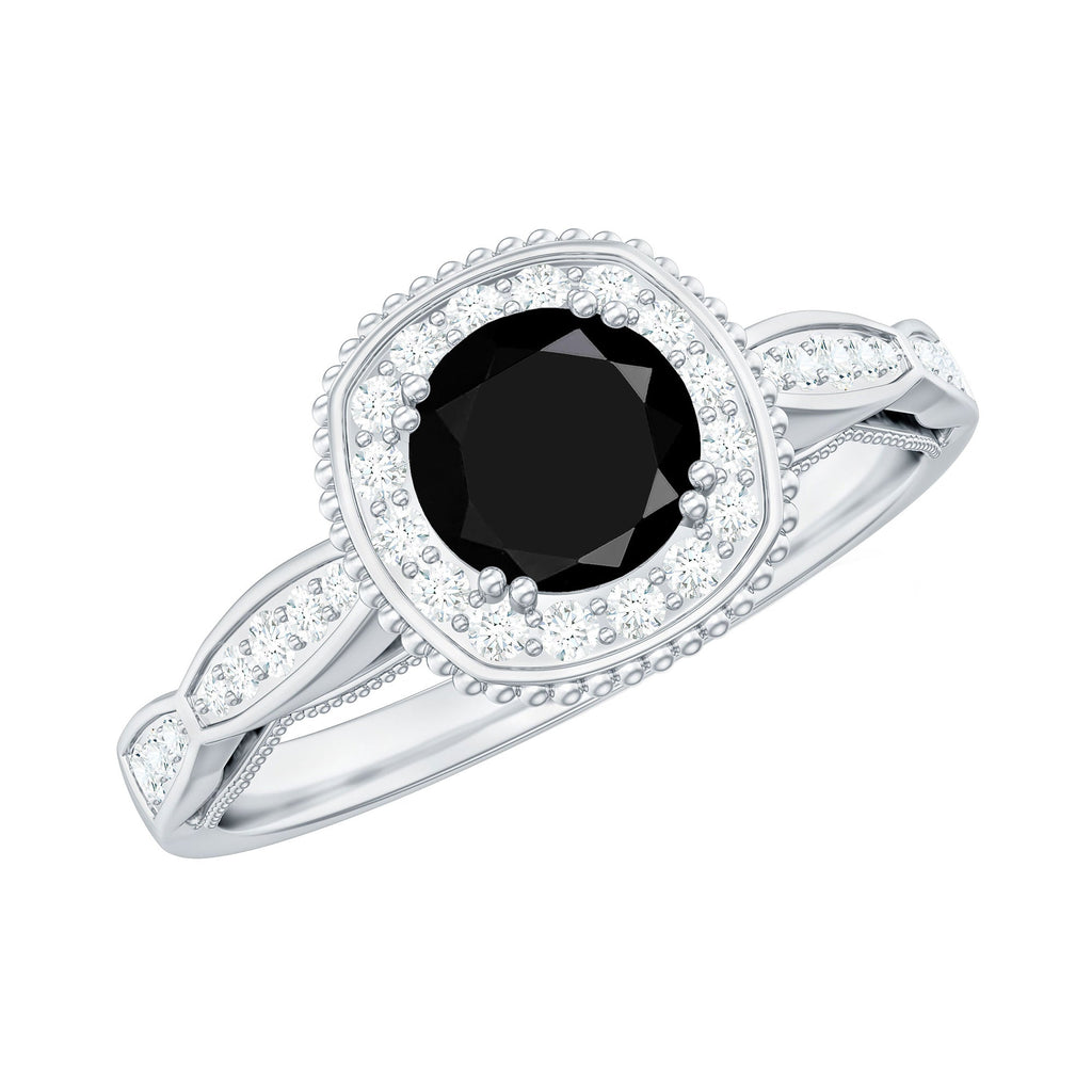 5mm Round Shape Black Onyx Vintage Engagement Ring with Diamond Halo