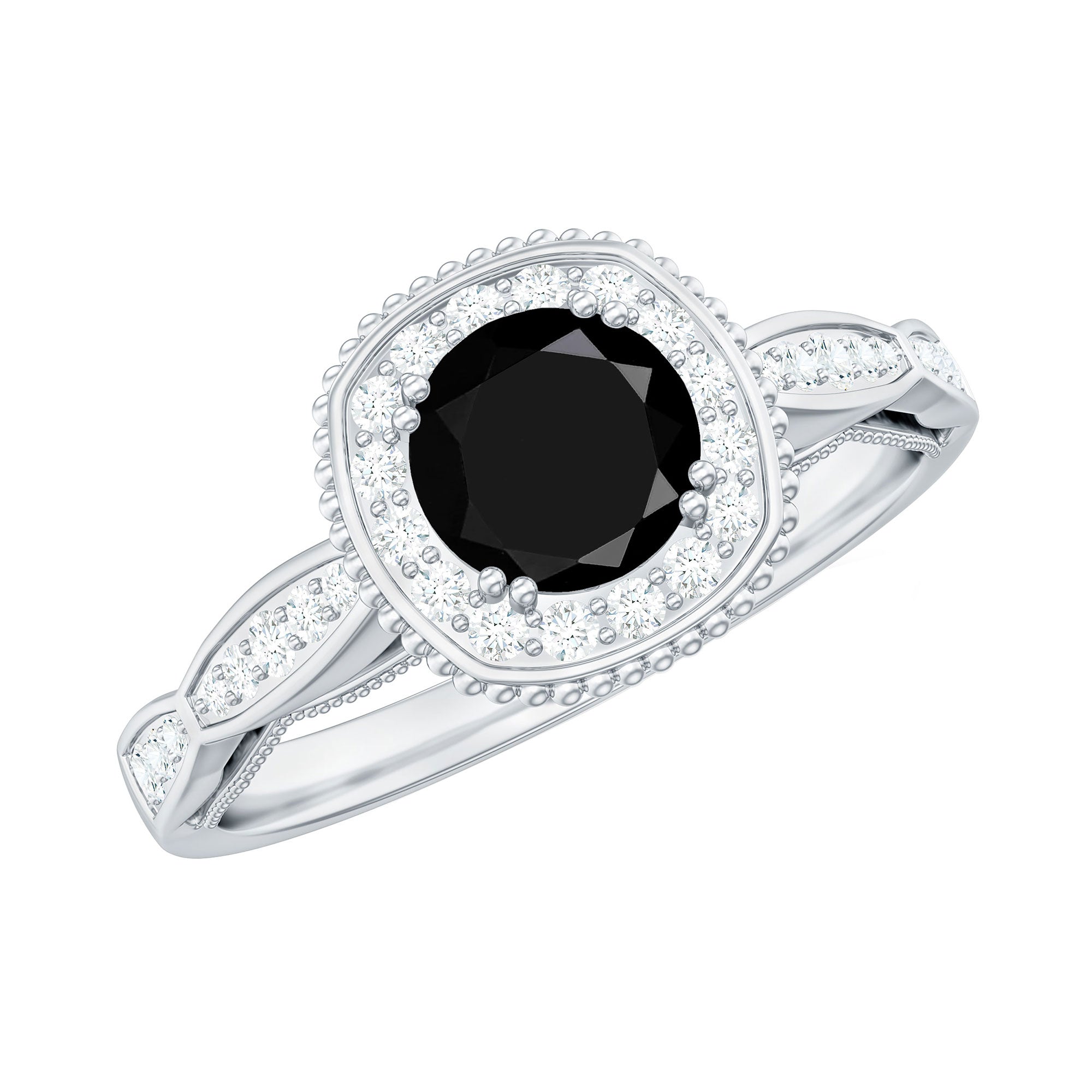 5mm Round Shape Black Onyx Vintage Engagement Ring with Diamond Halo