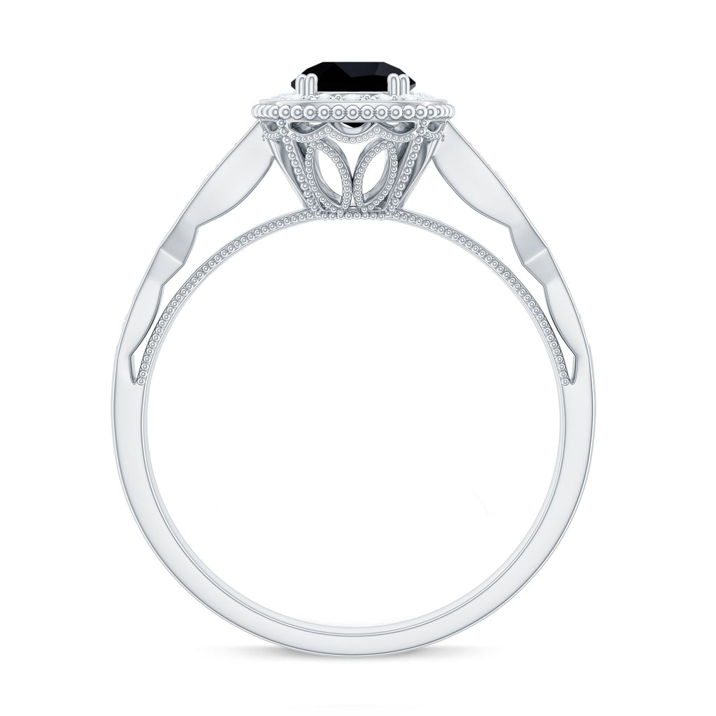 5mm Round Shape Black Onyx Vintage Engagement Ring with Diamond Halo