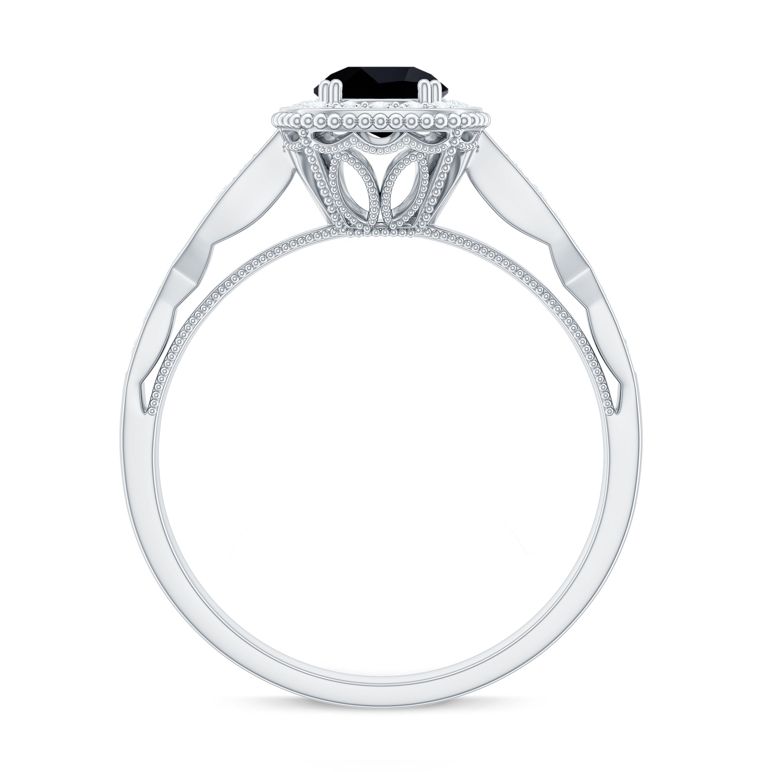 5mm Round Shape Black Onyx Vintage Engagement Ring with Diamond Halo