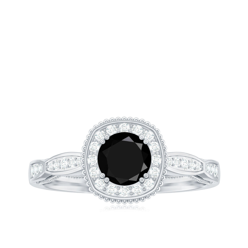 5mm Round Shape Black Onyx Vintage Engagement Ring with Diamond Halo