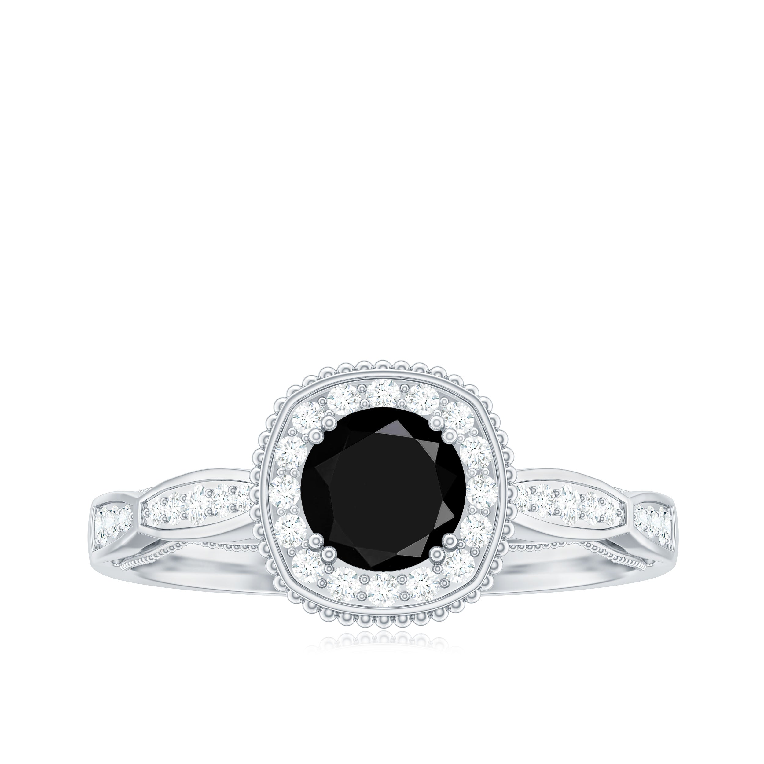 5mm Round Shape Black Onyx Vintage Engagement Ring with Diamond Halo