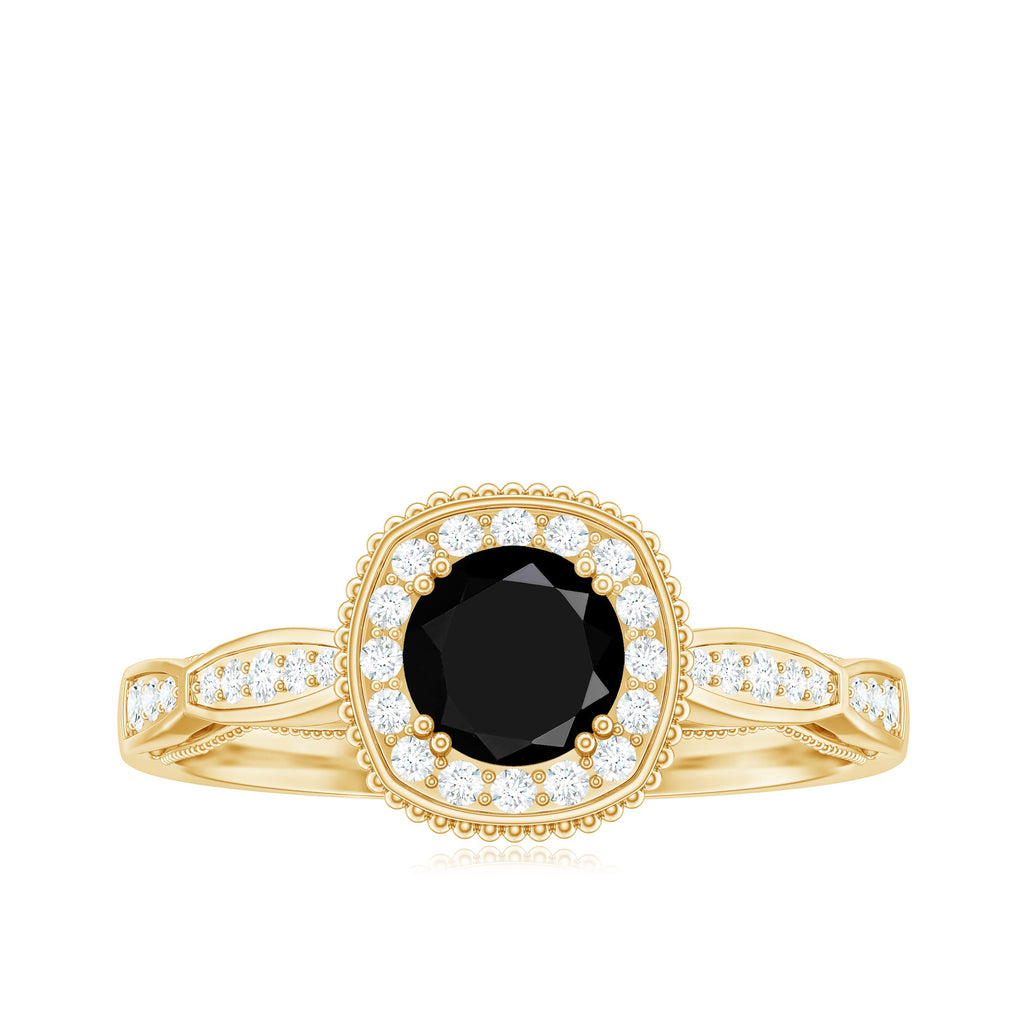 5mm Round Shape Black Onyx Vintage Engagement Ring with Diamond Halo