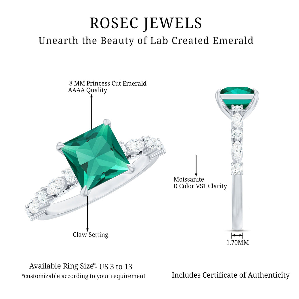 2.4 Carat Solitaire Lab Emerald Princess Cut Engagement Ring with Moissanite