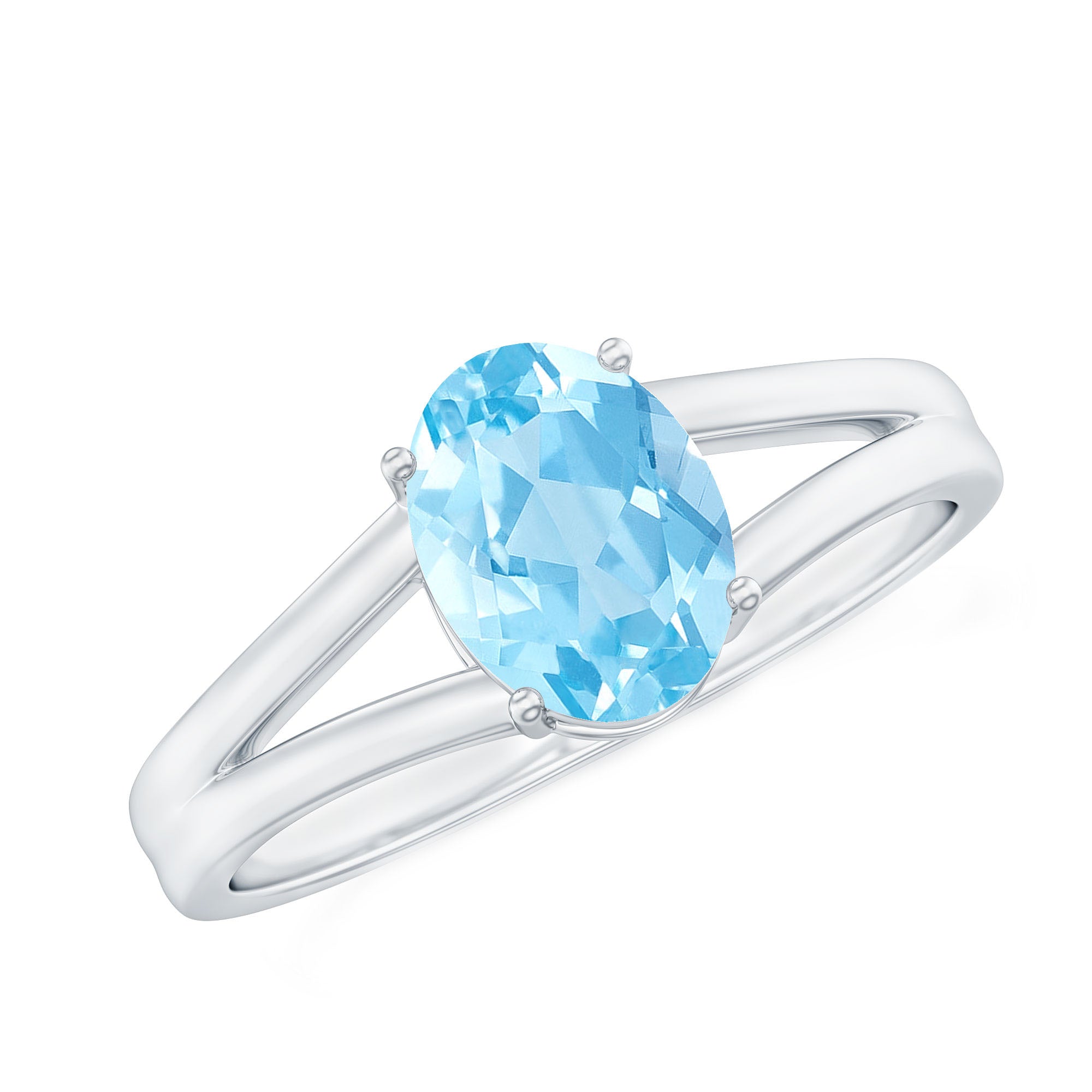 Genuine Oval Aquamarine Solitaire Engagement Ring in Split Shank