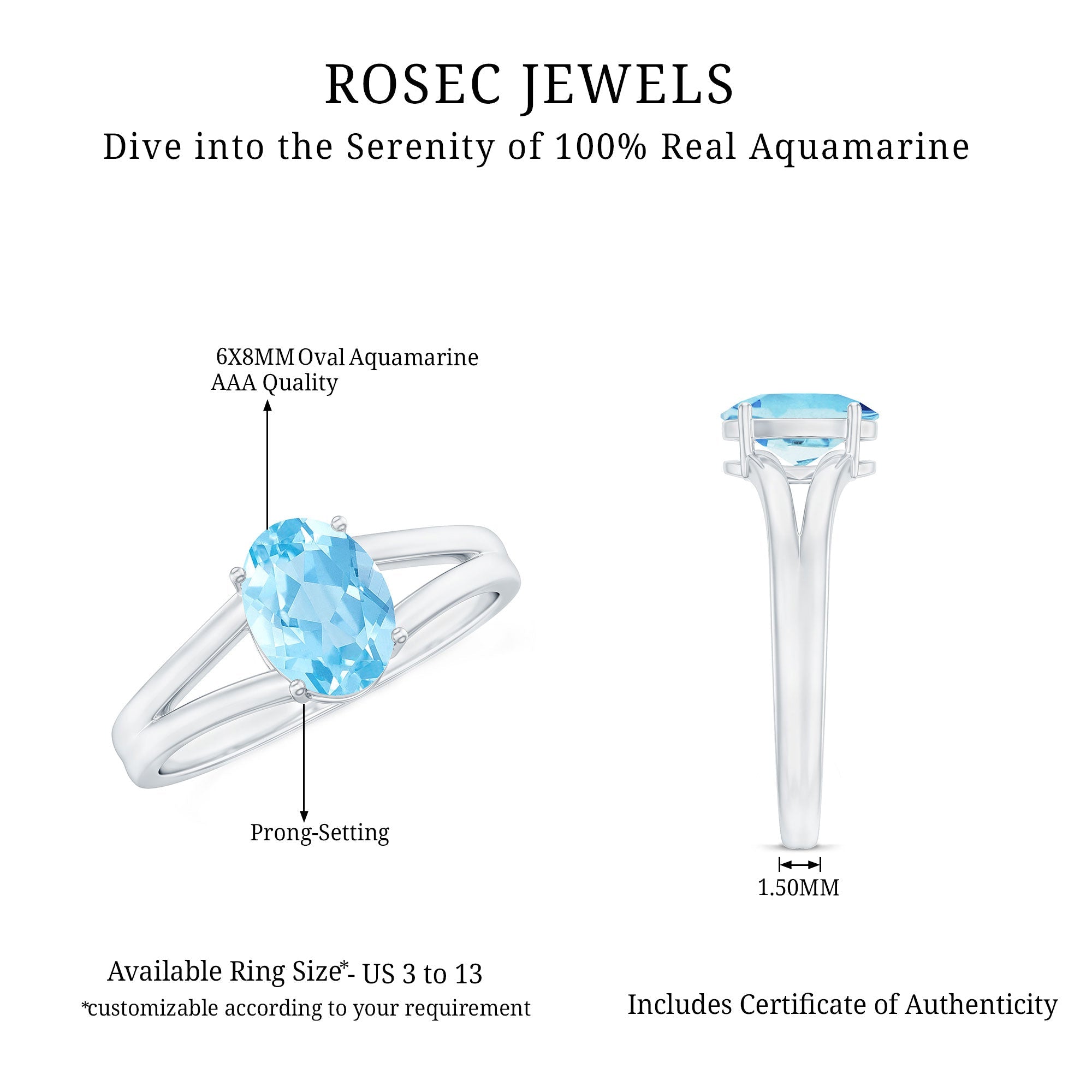 Genuine Oval Aquamarine Solitaire Engagement Ring in Split Shank