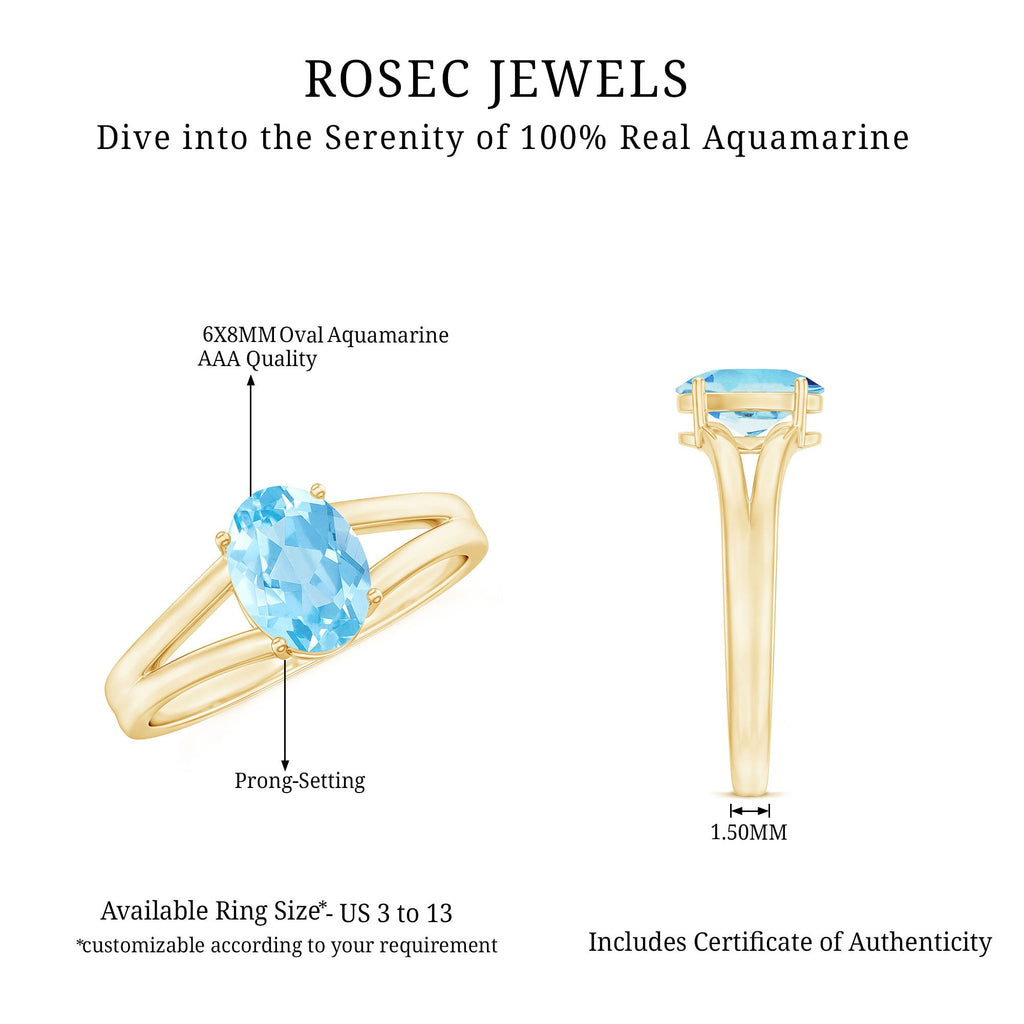 Genuine Oval Aquamarine Solitaire Engagement Ring in Split Shank