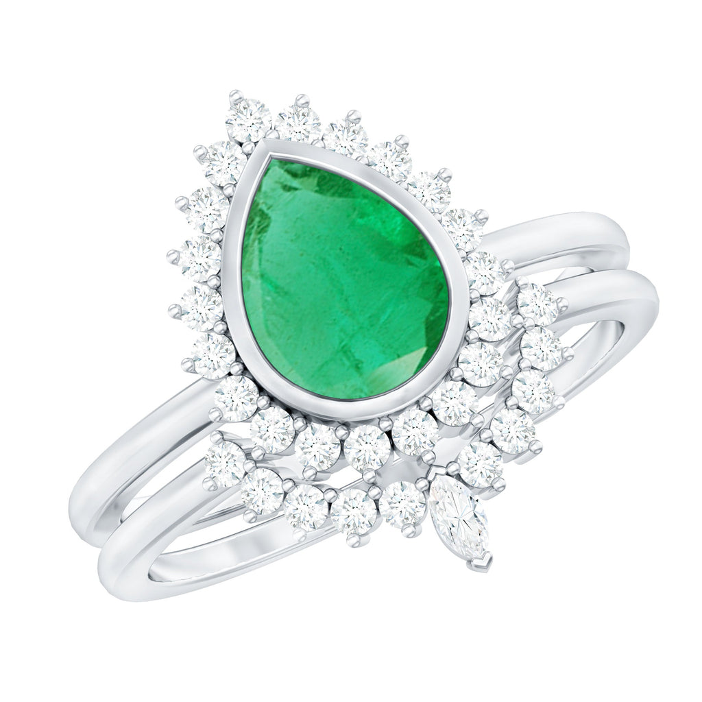 Natural Emerald Diamond Pear Shape Engagement Ring and Wedding Band Set