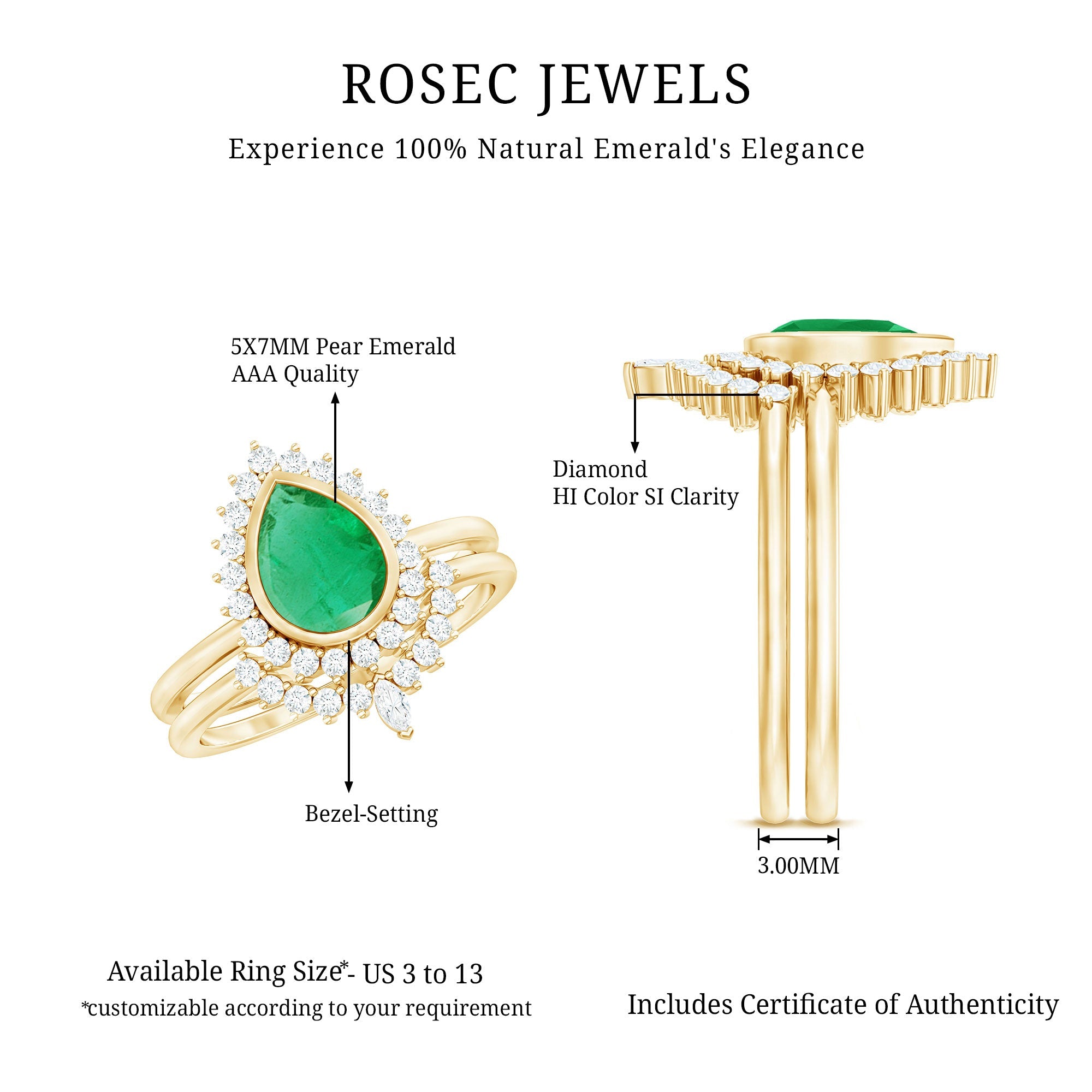 Natural Emerald Diamond Pear Shape Engagement Ring and Wedding Band Set