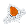 Real 0.6 Carat Fire Opal Teardrop Wedding Ring Set with Diamond Halo