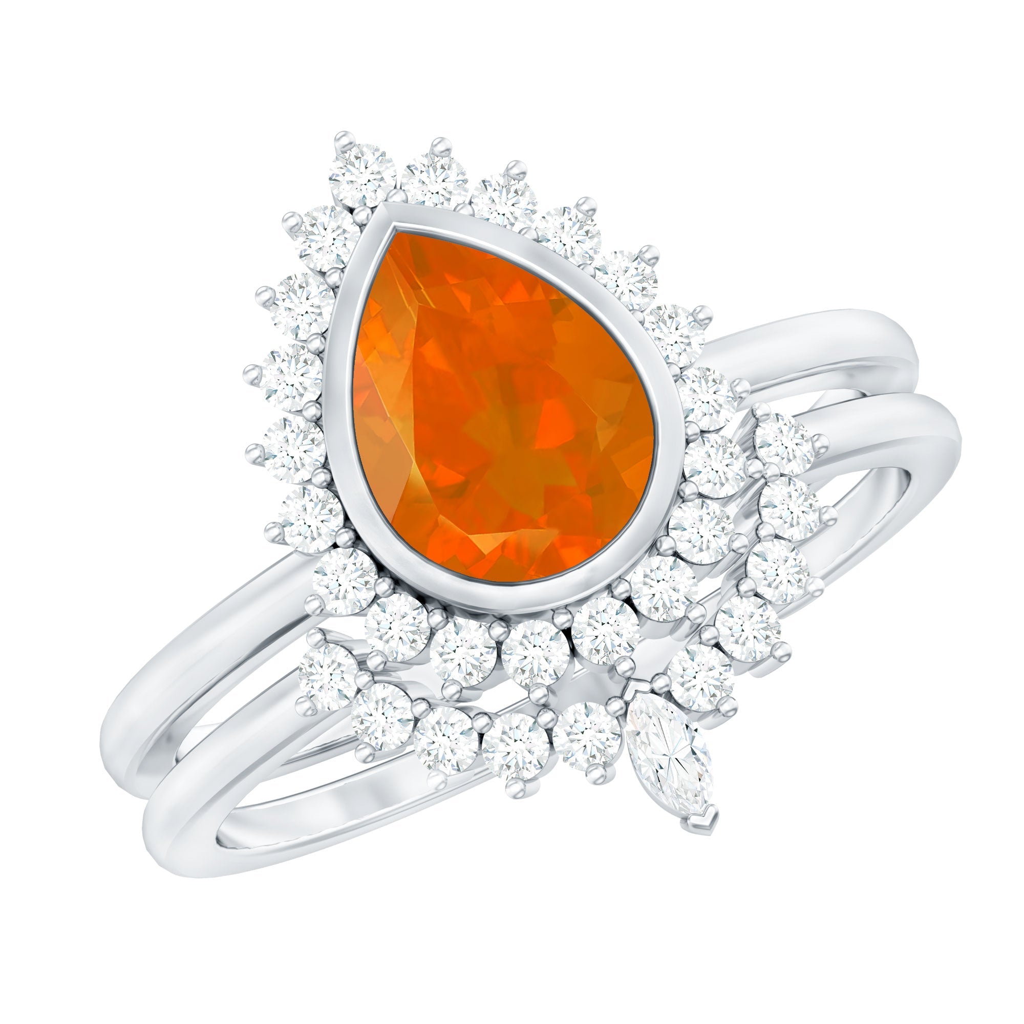 Real 0.6 Carat Fire Opal Teardrop Wedding Ring Set with Diamond Halo