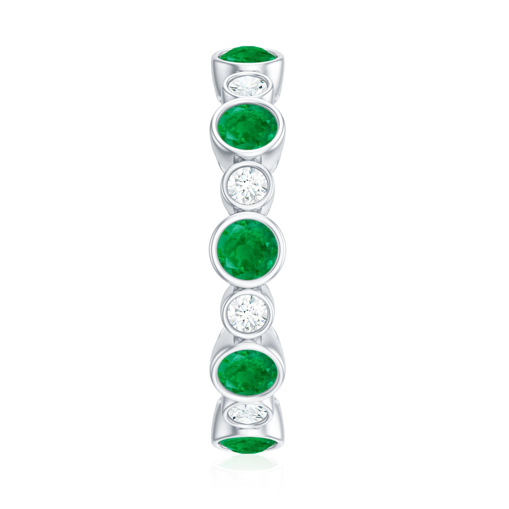 Bezel Set Round Emerald and Diamond Eternity Wedding Band
