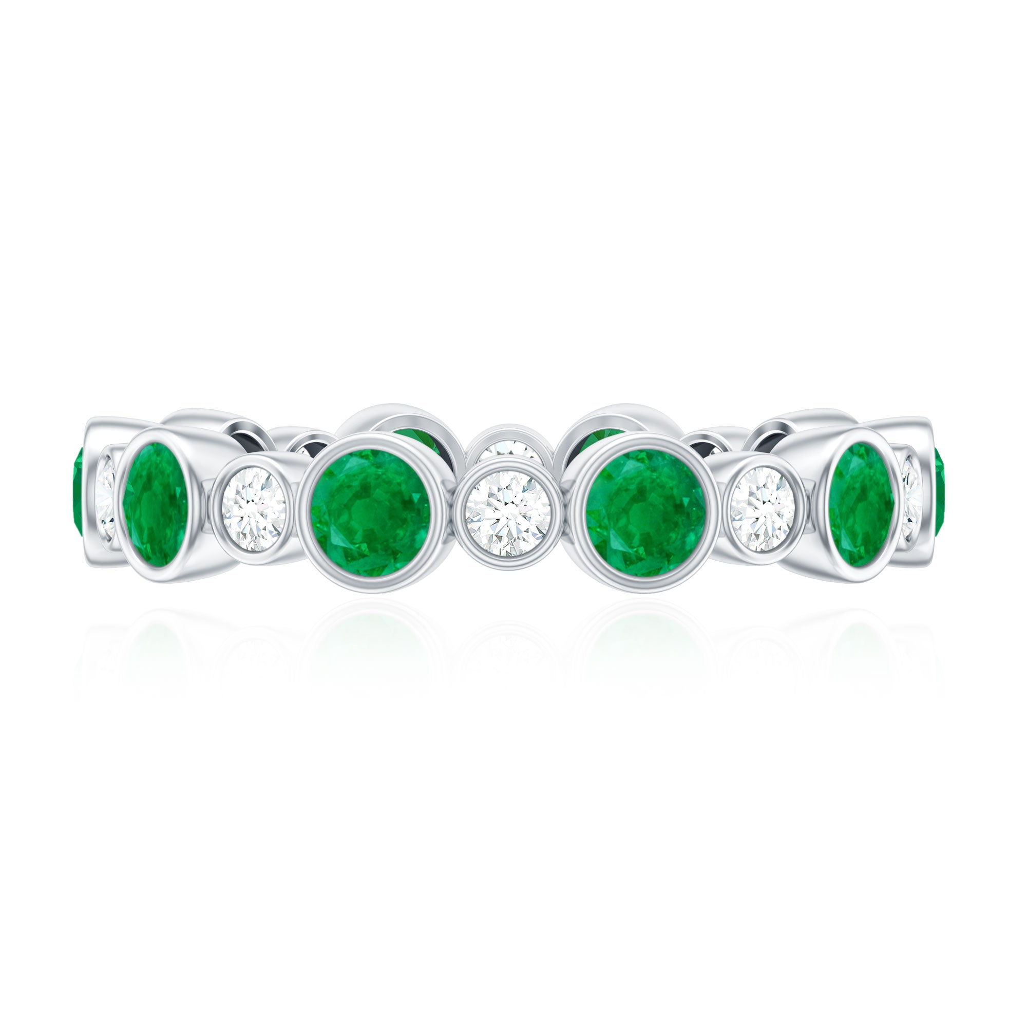 Bezel Set Round Emerald and Diamond Eternity Wedding Band