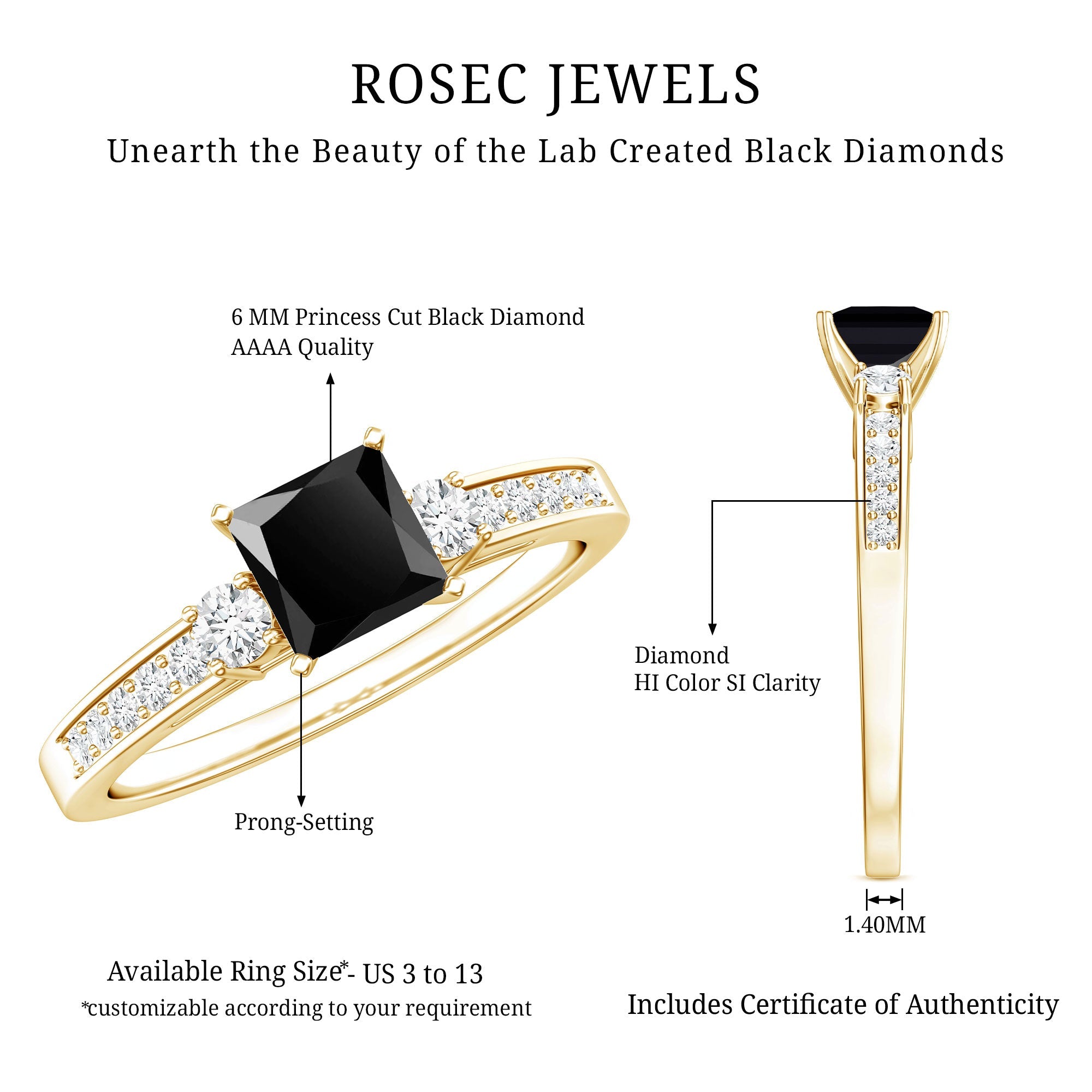 Certified 1 Carat Lab Grown Black and White Diamond Princess Cut Engagement Ring