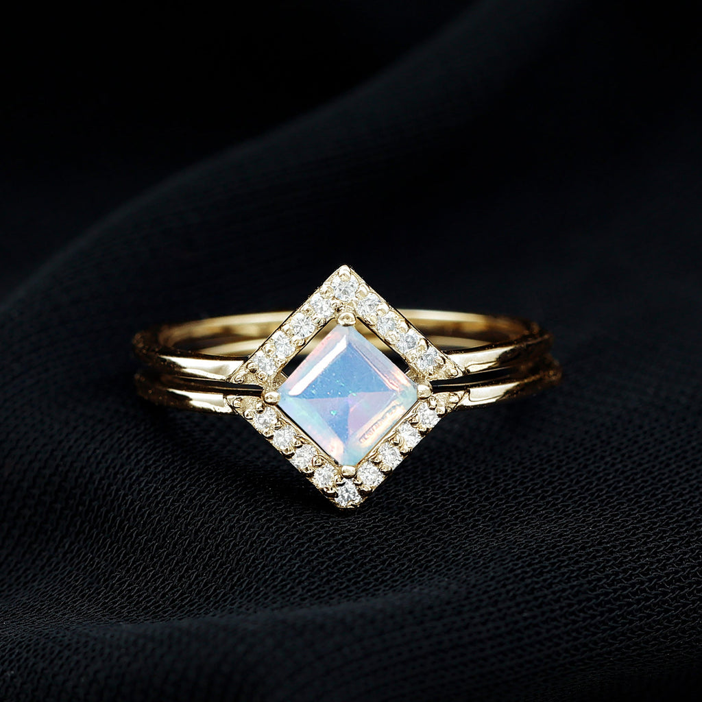 Natural Princess Cut Ethiopian Opal Engagement Ring with Diamond Enhancer